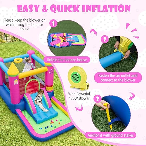Miniatura 3 de HONEY JOY Casa inflable con tobogán y piscina, con temática de princesa para fiestas al aire libre e interior, casa hinchable para niños y niñas