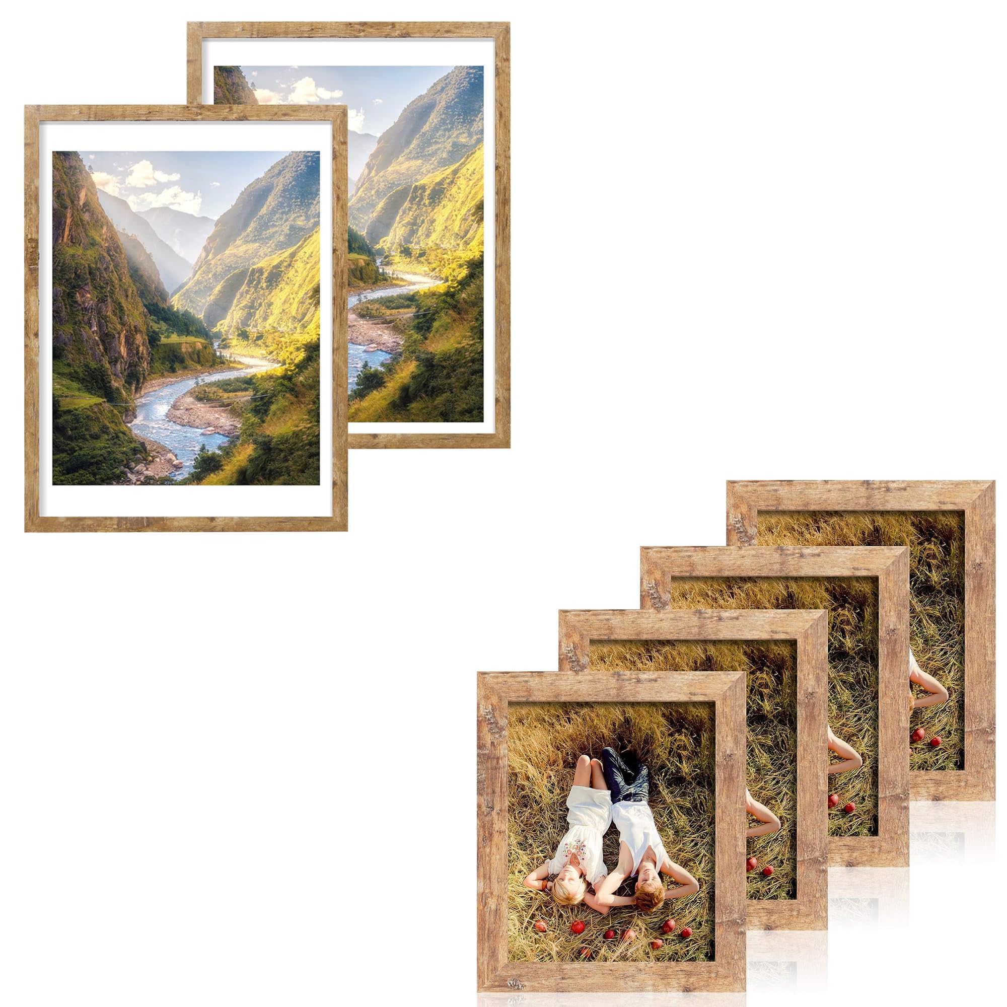 iRahmenPicture Frame Rustic Brown Set of 6,Four 8x10,Two 18x24,with High Definition Glass Photo Frames for Desktop Display and Wall Mounting.
