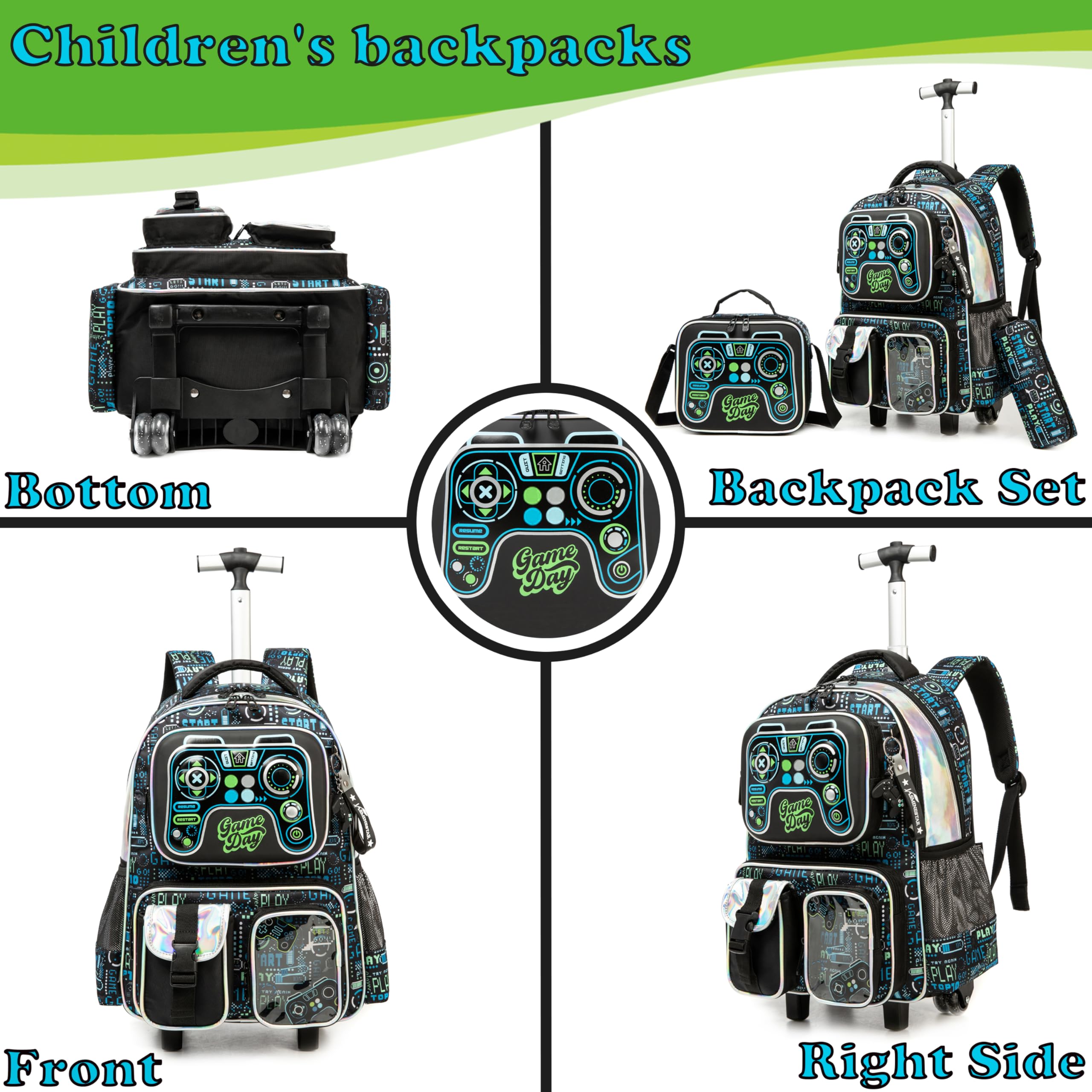 Kinder Rolling Rucksack für Jungen Gamepad Koffer Trolley Roller Gepäck Rucksäcke auf Rädern mit Lunch Box Pencil Case für die Grundschule Mehrere Funktion Taschen Travel school Bag Blau