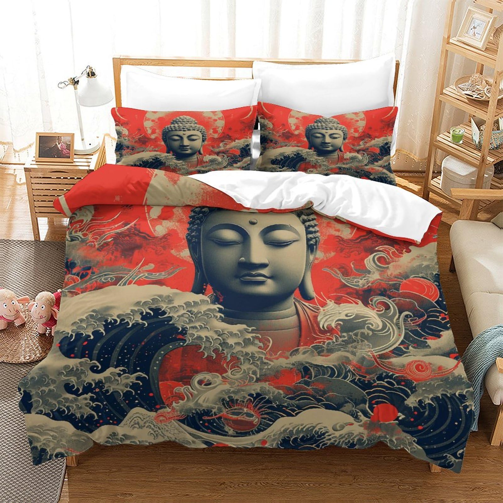 Housse de couette Bouddha 140 x 200 cm lit simple parure de lit microclimat respirante