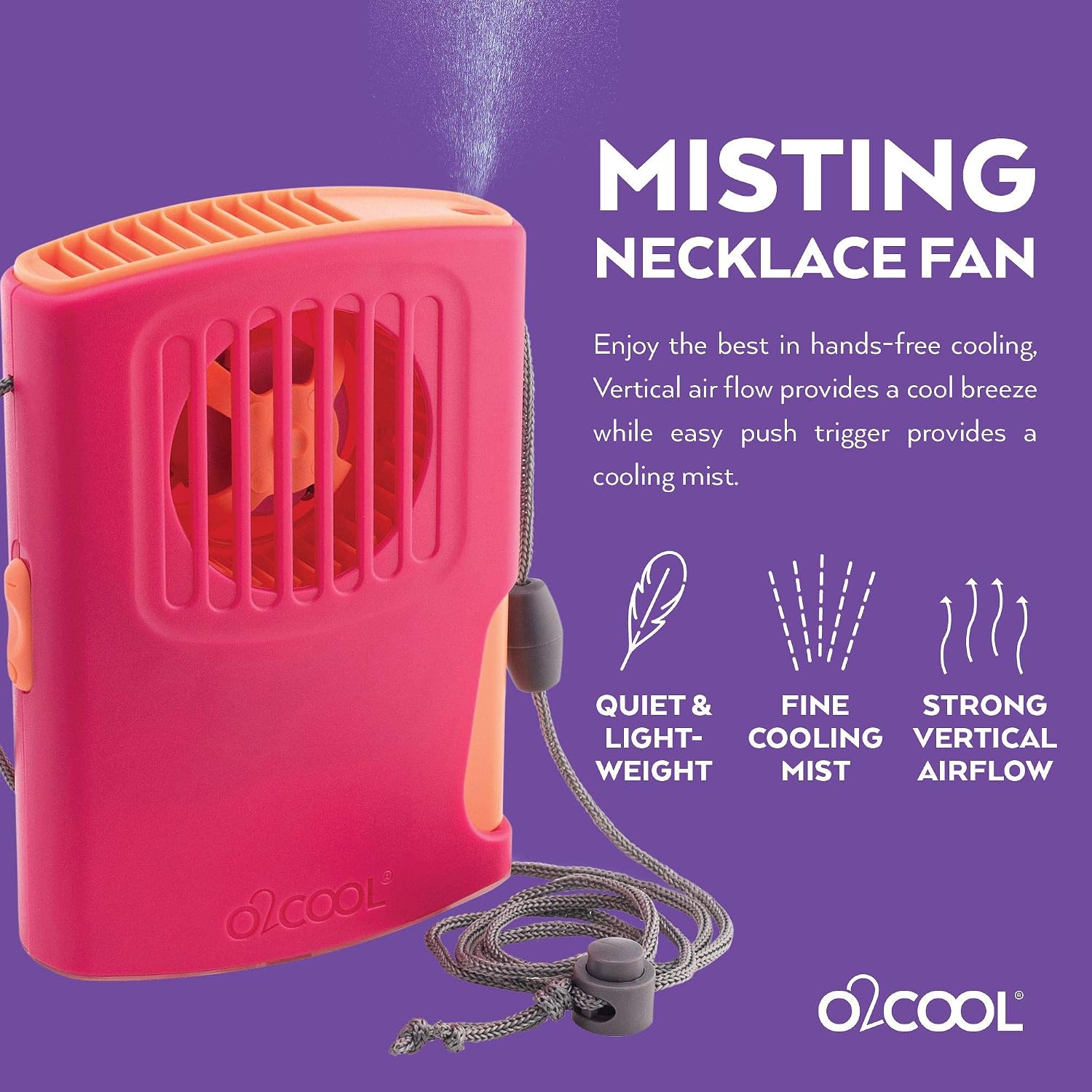 O2COOL Multi-Pack Misting Neck Personal Travel Battery Powered Deluxe Cooling Fan, 2pk Raspberry