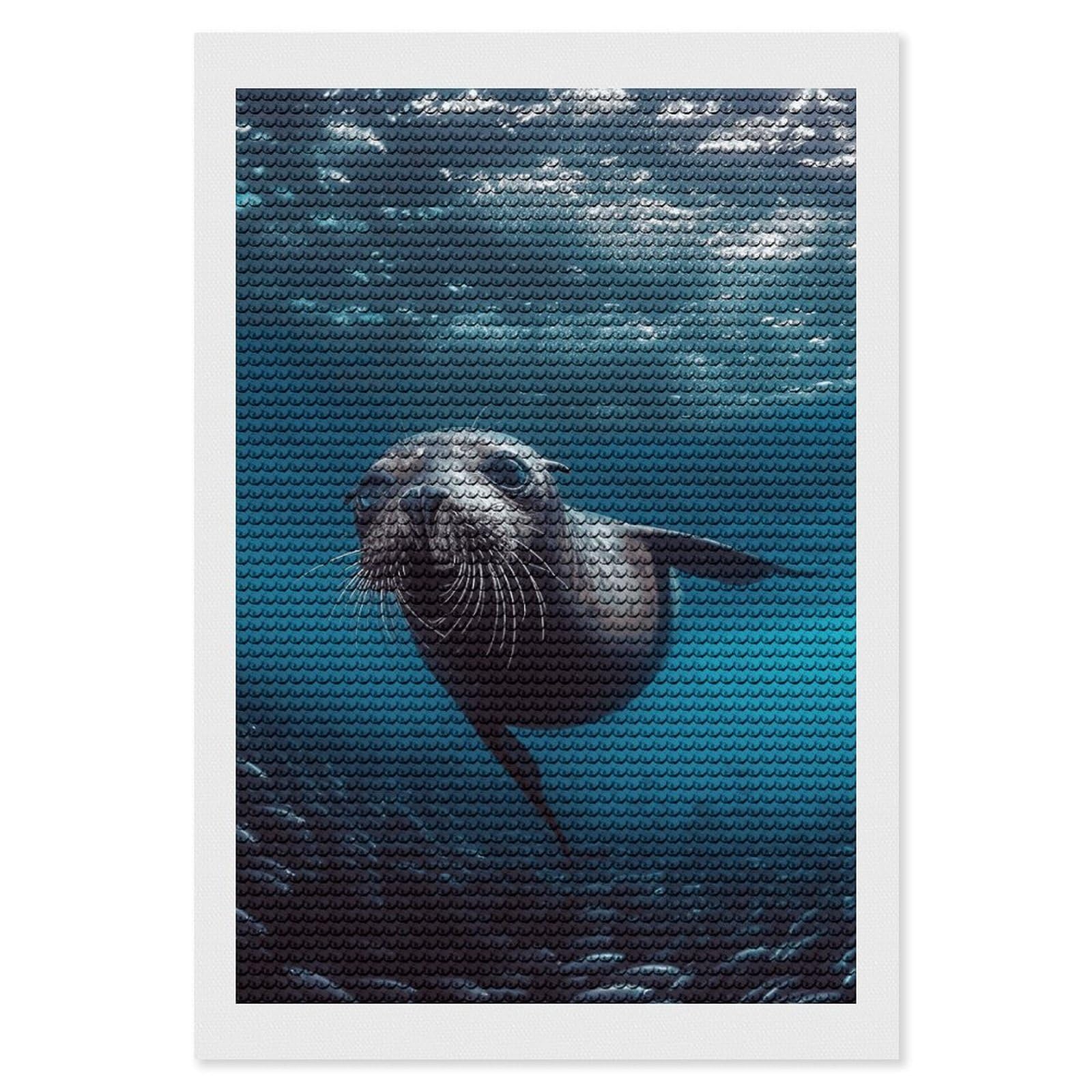 DWVTSLH Underwater Sea Lion Diamond Painting Kits for Adults, Personalized Diamond Photo Art Full Drill, DIY 5D Diamond Art Painting Kits for Beginners, Home Wall Decor 8"x12"