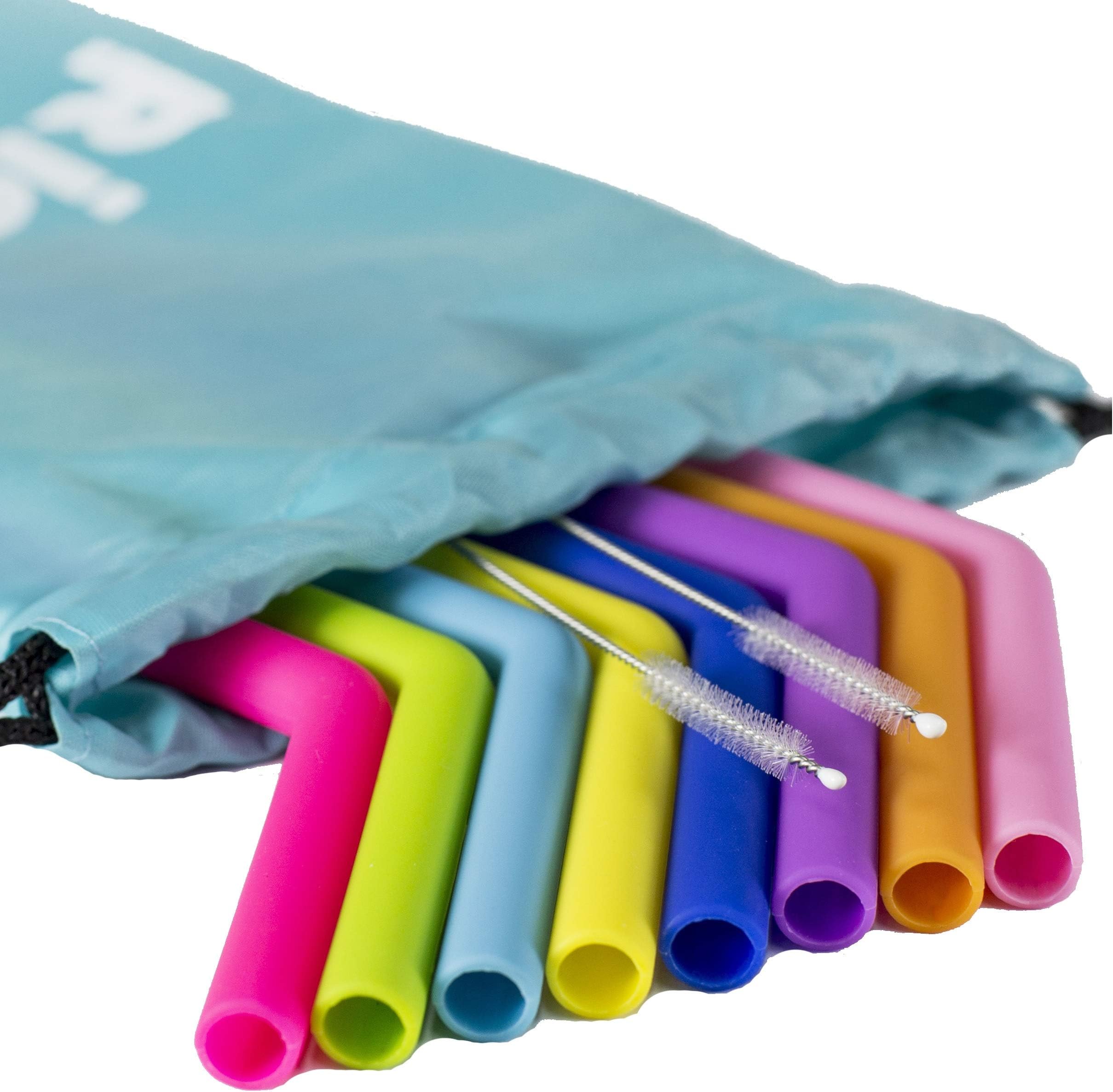 RIGON Reusable long silicone drinking straws for 30 or 20 oz tumbler. 8 pieces multi colors with 2 cleaning brushes plus 1 storage pouch. For Yeti / Rtic / Ozark. Food grade silicone BPA free.