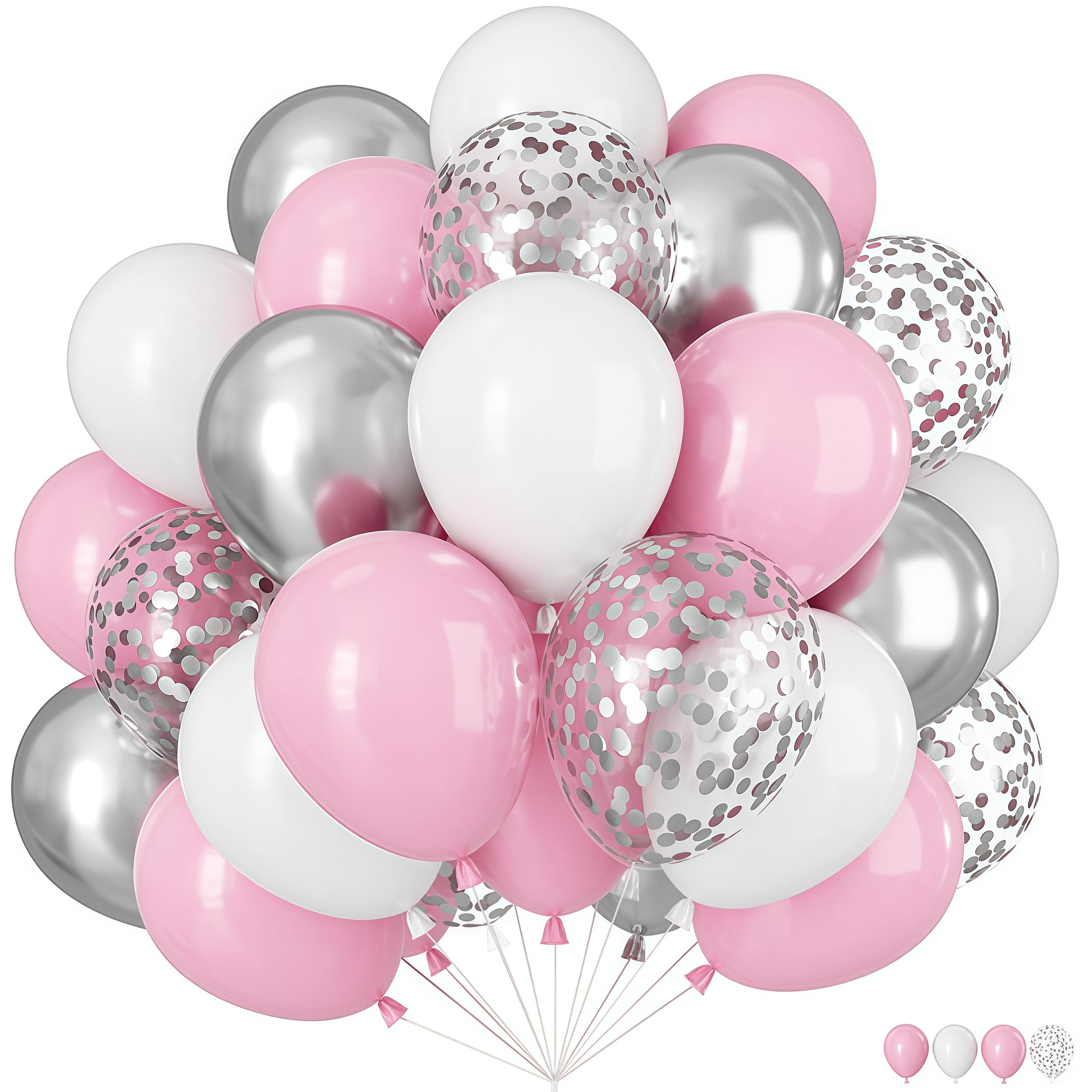 Pink and Silver Balloons,60 Pcs 12 Inch Pastel Pink White Confetti Balloon Metallic Silver White Macaron Balloon Party Balloons for Girls Birthday Baby Shower Bride Wedding Graduation