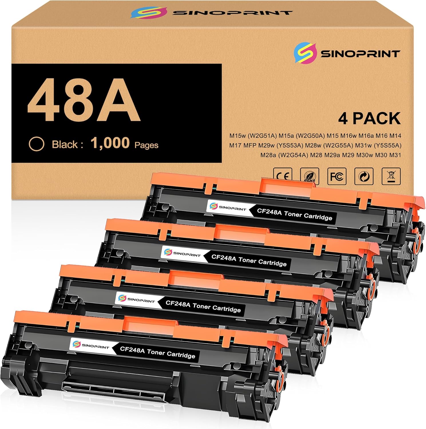 48A Toner Cartridge Replacement for HP 48A CF248A 248A Compatible for HP LaserJet Pro M15w M15a M16a M16w LaserJet MFP M28w M28a M29a MFP M29w M14 M17 M30w M31w Printer Ink (Black, 4-Pack)