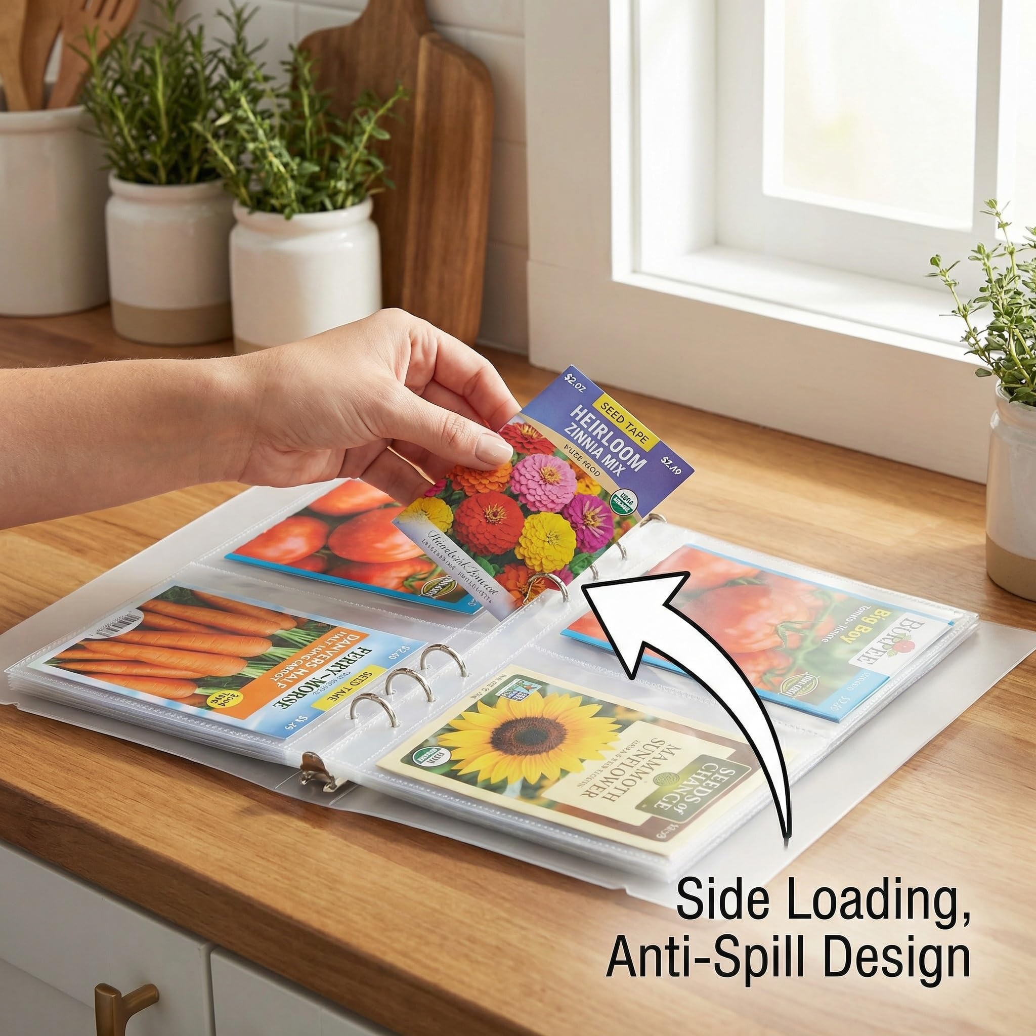 Carpeta organizadora de semillas con fundas de carga lateral, soporte transparente para libros de almacenamiento y almacenamiento de paquetes de plantas para guardar tu catálogo de jardín