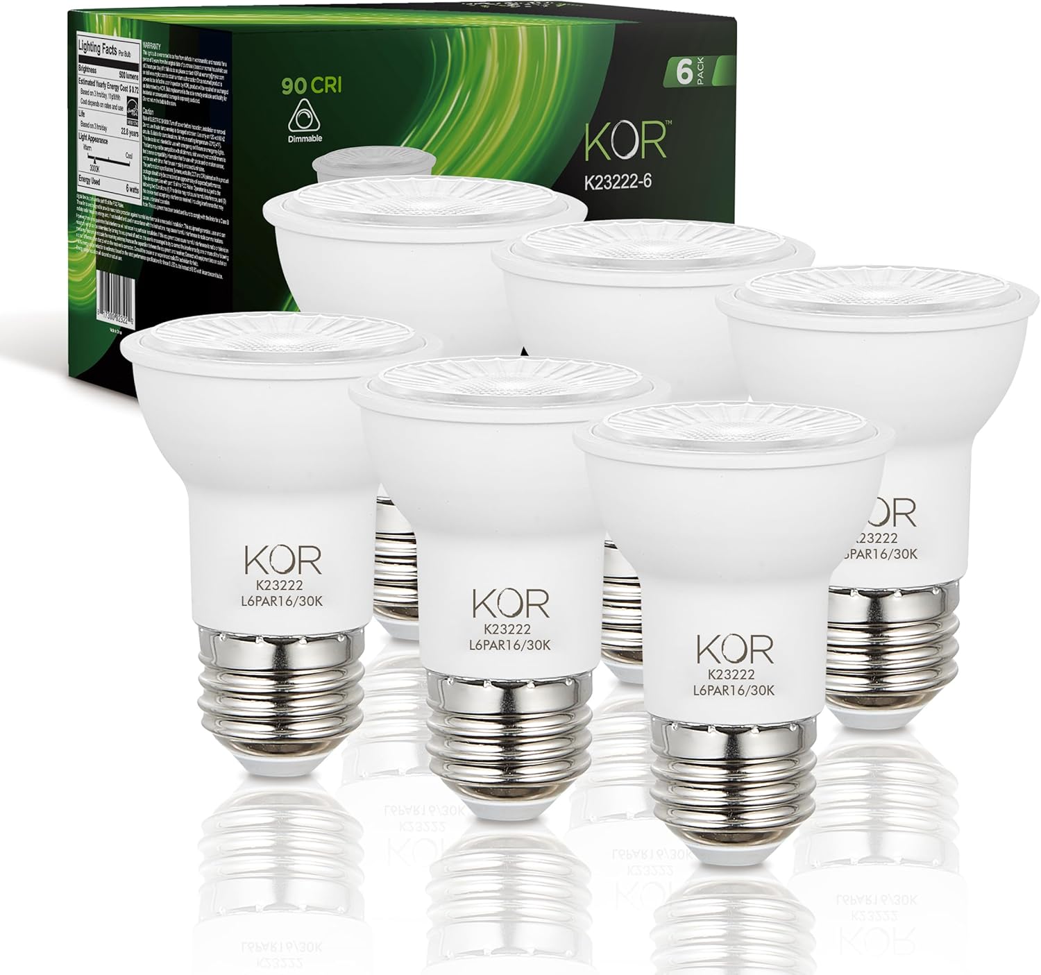 KOR LED PAR16 Flood Light Bulbs, 6 Pack, Dimmable 50W Equivalent, 3000K Warm White, Indoor Outdoor 6W Spotlight Bulb, E26 Base, 1250 Lumens, Frosted Finish, Damp Location Rated