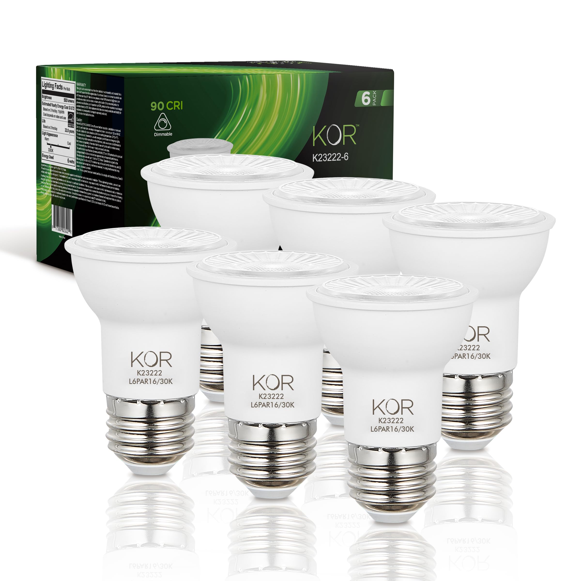 KOR LED PAR16 Flood Light Bulbs, 6 Pack, Dimmable 50W Equivalent, 3000K Warm White, Indoor Outdoor 6W Spotlight Bulb, E26 Base, 1250 Lumens, Frosted