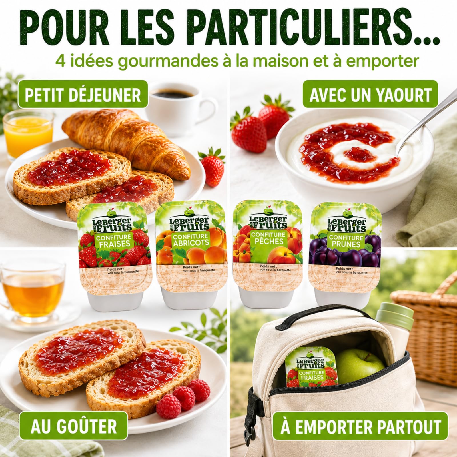 LE BERGER DES FRUITS | 144 barquettes de confiture assortie : prune, pêche, abricot et fraise | portions individuelles de 20 g pour varier les plaisirs au petit déjeuner et au goûter