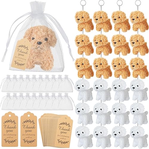 Ecation Paquete de 24 recuerdos de fiesta para perros, incluye mini perros de peluche de 4.7 pulgadas con llavero, bolsas de regalo de organza y