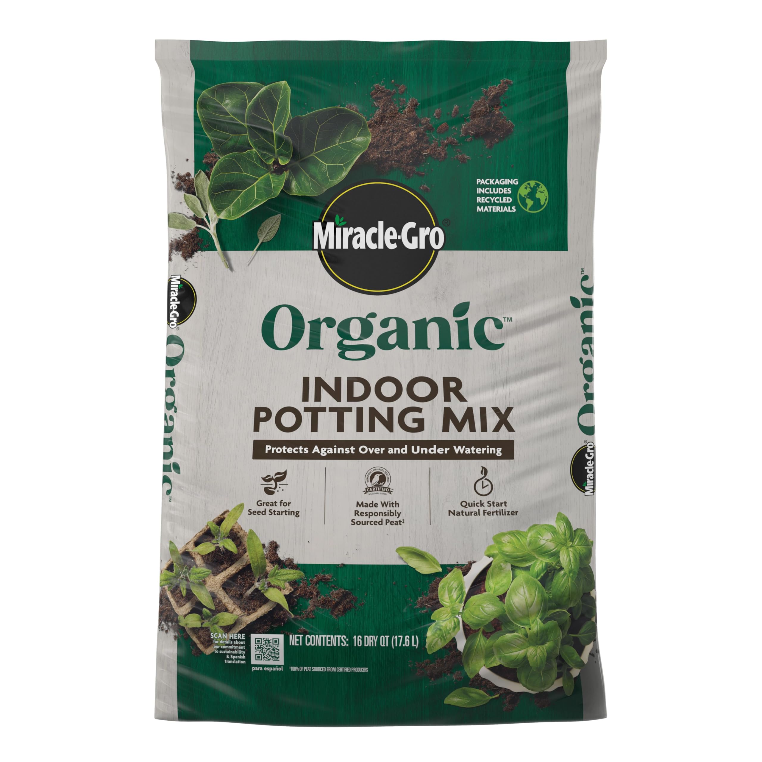 Miracle-Gro Organic Indoor Potting Mix, Protects Against Over and Under Watering, for Indoor Container Plants, Houseplants and Starter Plants, OMRI Listed, 16 qt.
