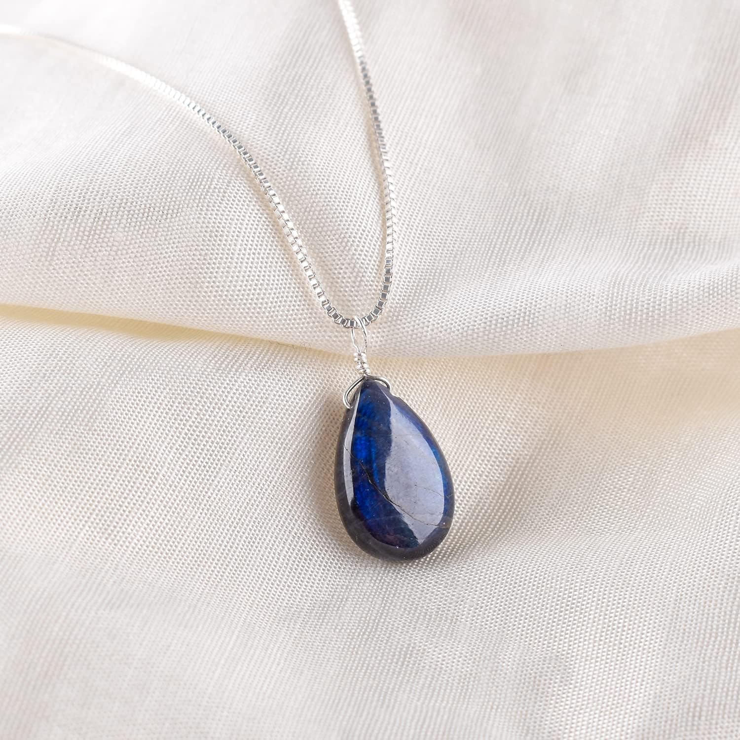 YANARA Blue Labradorite, Spectrolite Pendant Necklace for Women Birthstone Dainty Handmade Jewelry Silver Plated Chain 18 inch - Image 3