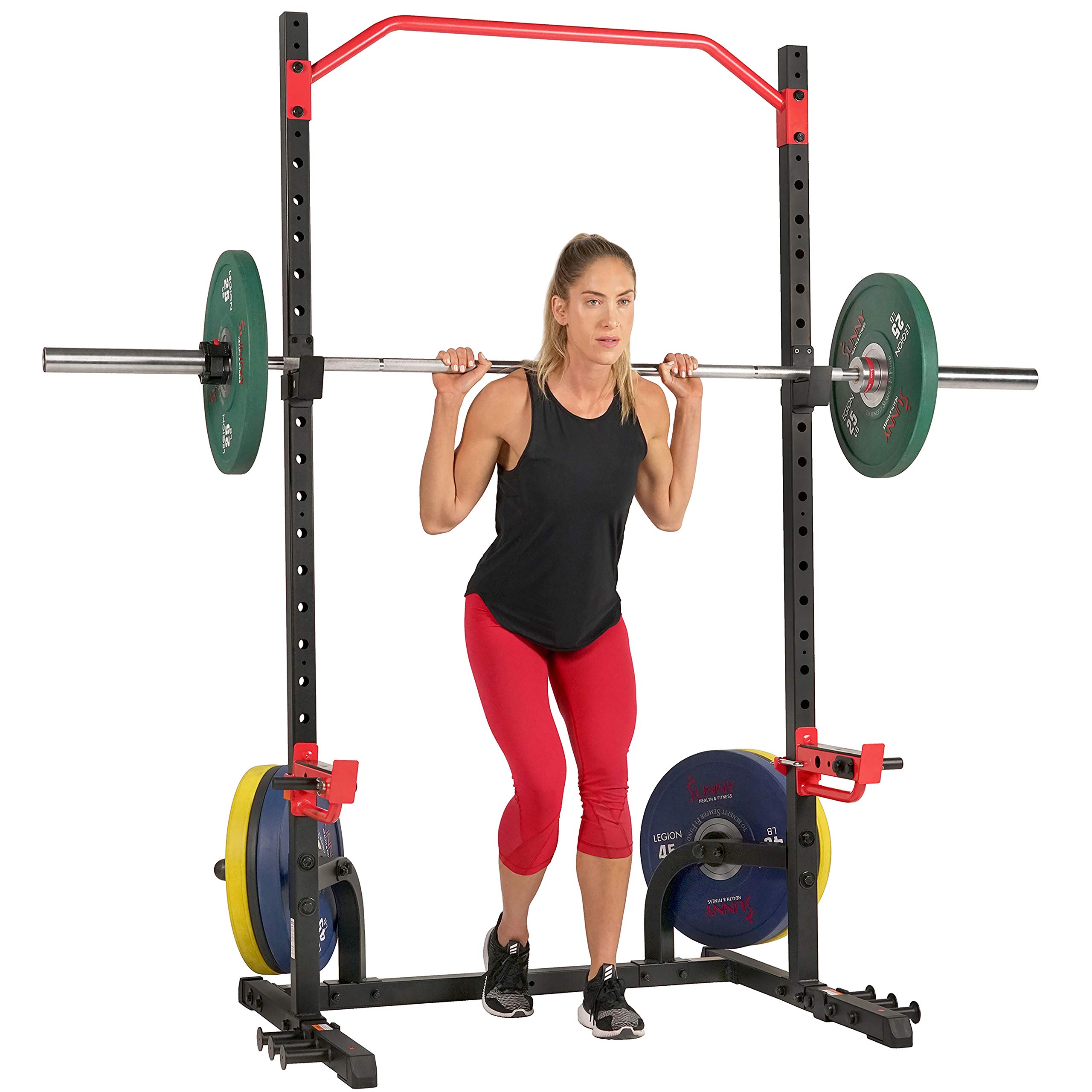 Sunny Health & Fitness Power Zone Squat Stand, Power Rack Cage For Home With Spotter Arms, J-Hooks, Adjustable Pull Up Bar - SF-XF9931
