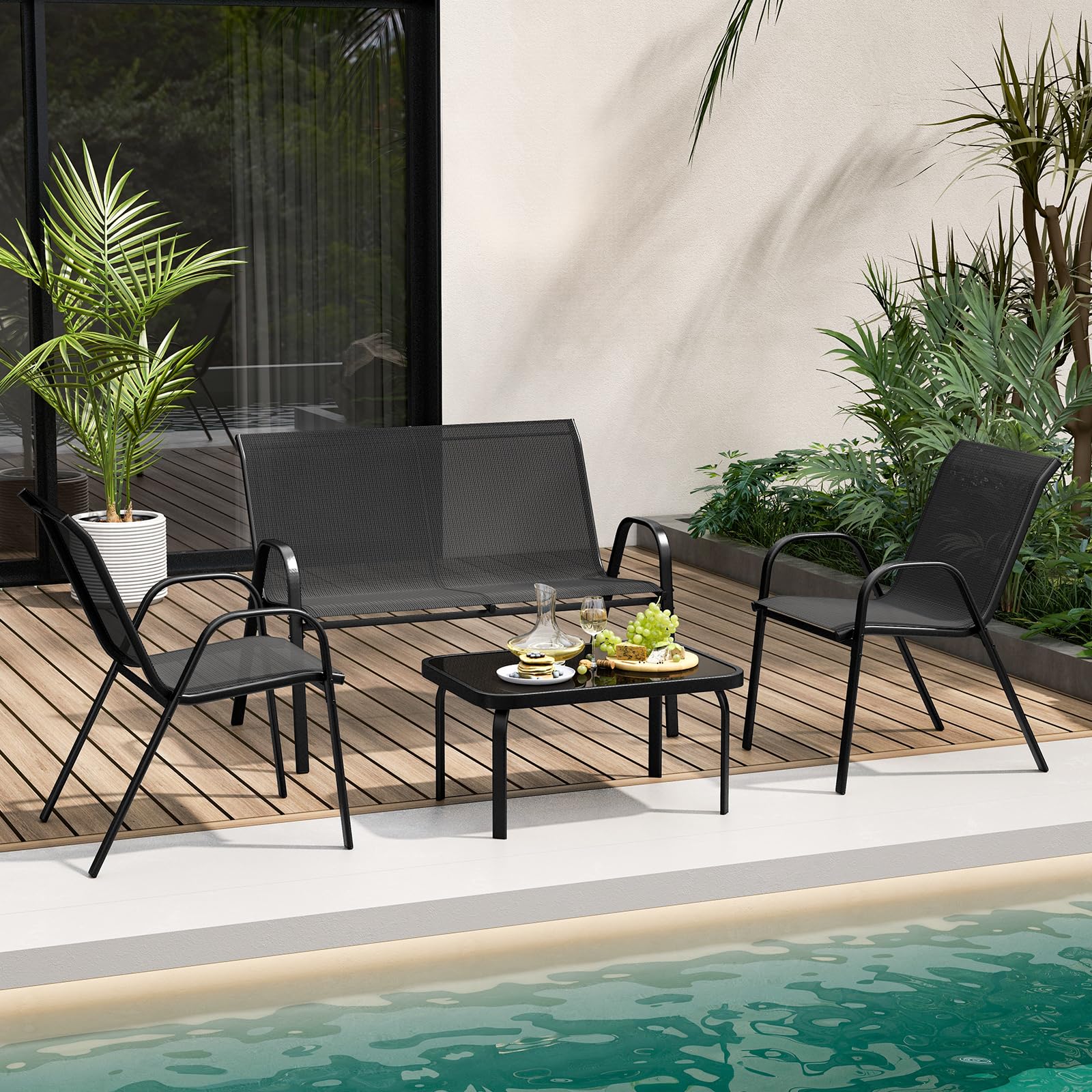 COSTWAY Set Tavolo e Poltrona da Giardino, Set di Mobili 4 Pezzi per Esterno, con Tavolino in Vetro Temperato, Panca e 2 Poltrone, per Giardino Balcone Piscina (Nero)
