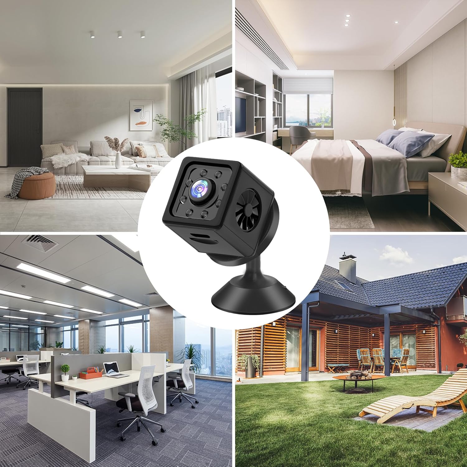 Collage showing the mini camera placed in various indoor and outdoor settings