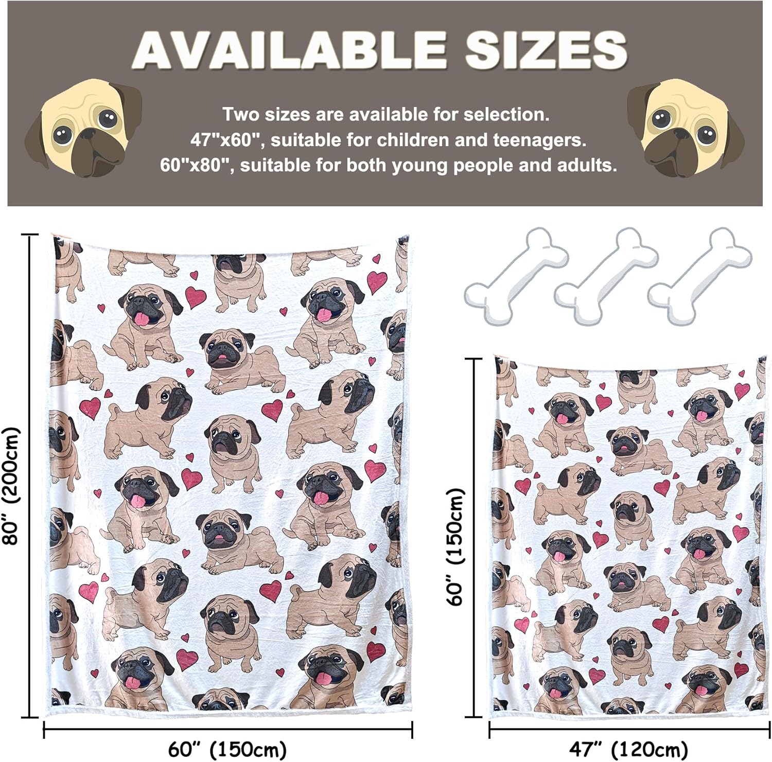 Pug Blanket, Cute Puppy Fleece Blankets Super Soft Fuzzy Gifts for Pugs Lovers Plush Throw Dog Decor (Pug, 47" x 60") - Image 3