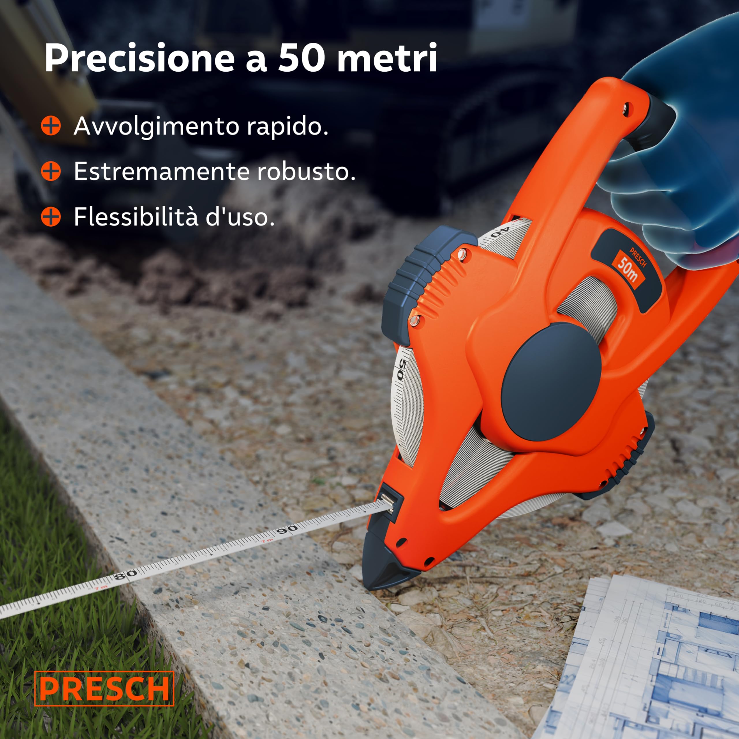 Presch Metro a Nastro 50m – Ritorno Rapido 3:1 – Rotella metrica 50 metri in Fibra di Vetro Resistente – Blocco a Manovella – Presa Sicura con Gancio Multifunzione – Bindella per Uso Professionale