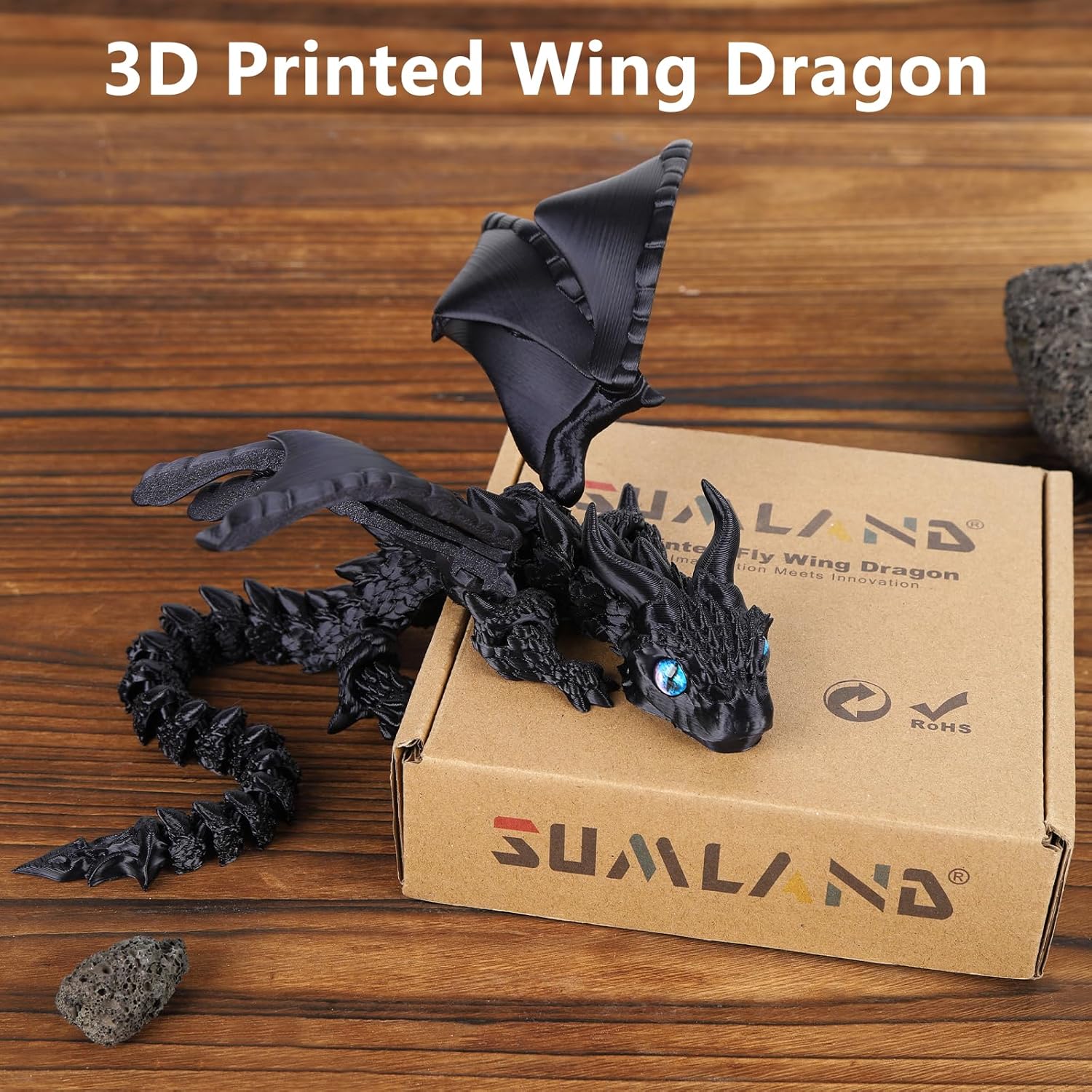 3D Printed Dragon with Wings,3D Printed Animals Toys,Flexible Articulated Winged Crystal Dragon 15.75in,Black