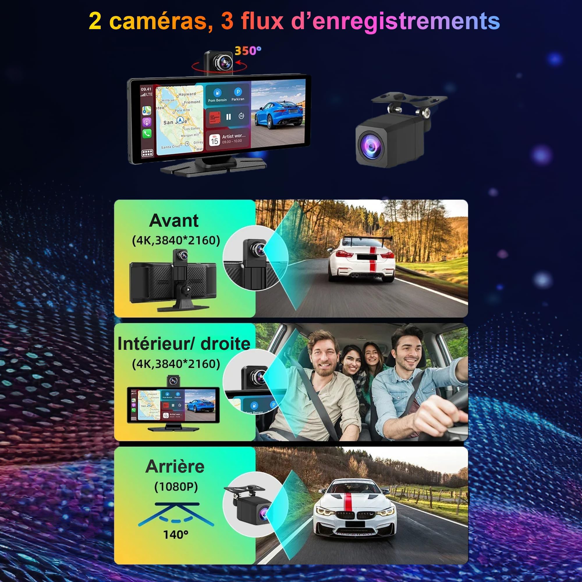 Schermo CarPlay per auto e Android senza fili da 10,26 pollici, IPS – Dashcam 4K + telecamera posteriore 1080p – Autoradio Bluetooth FM AUX – Plug & Play USB-C, scheda 64 GB – CarByNevo D4 Pro