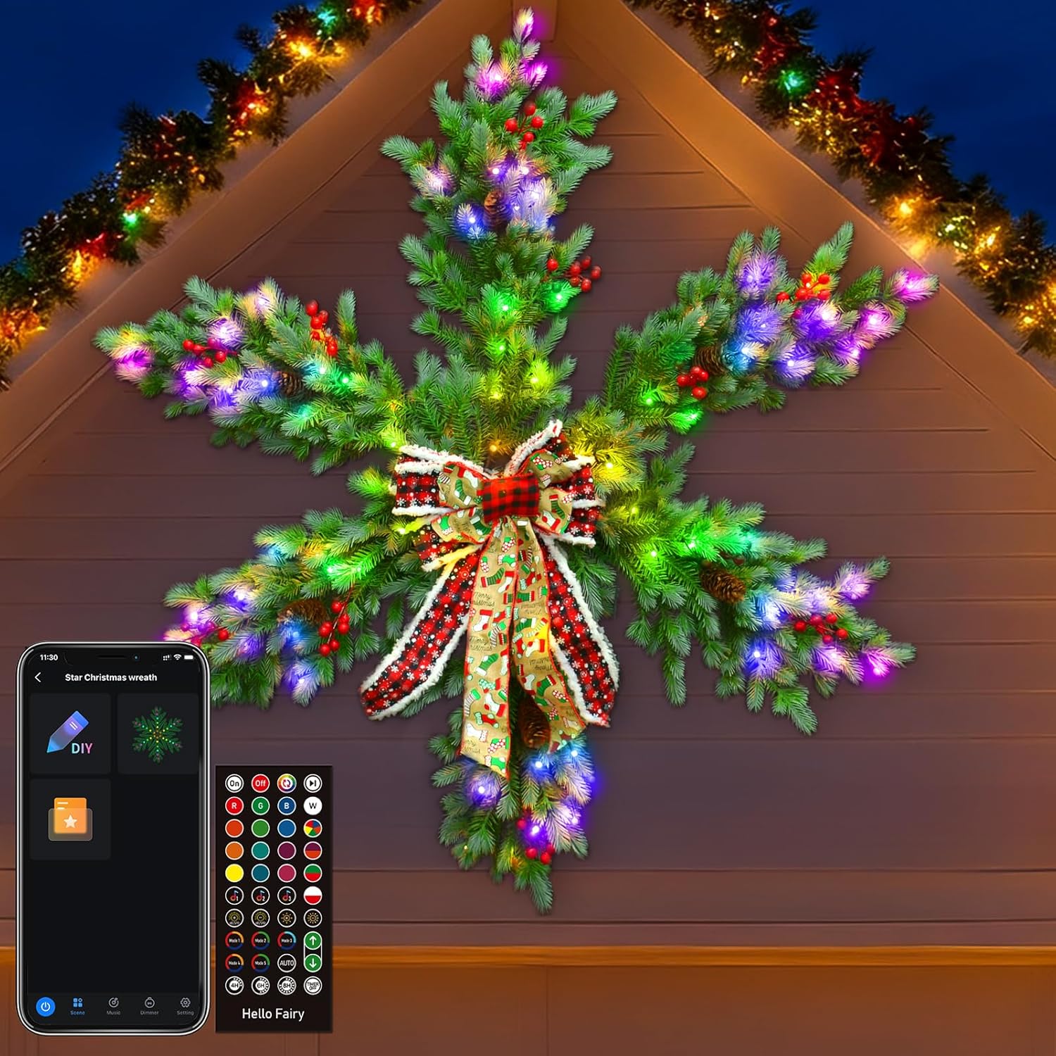 48 Inch Smart Large Christmas Wreath, RGB LED Pre-Lit Artificial Star Wreath App Control DIY Color, Music Sync, Timer, Waterproof Door Wall Mantel Holiday Accent Decorations w/Bow-tie, Power Plug-in