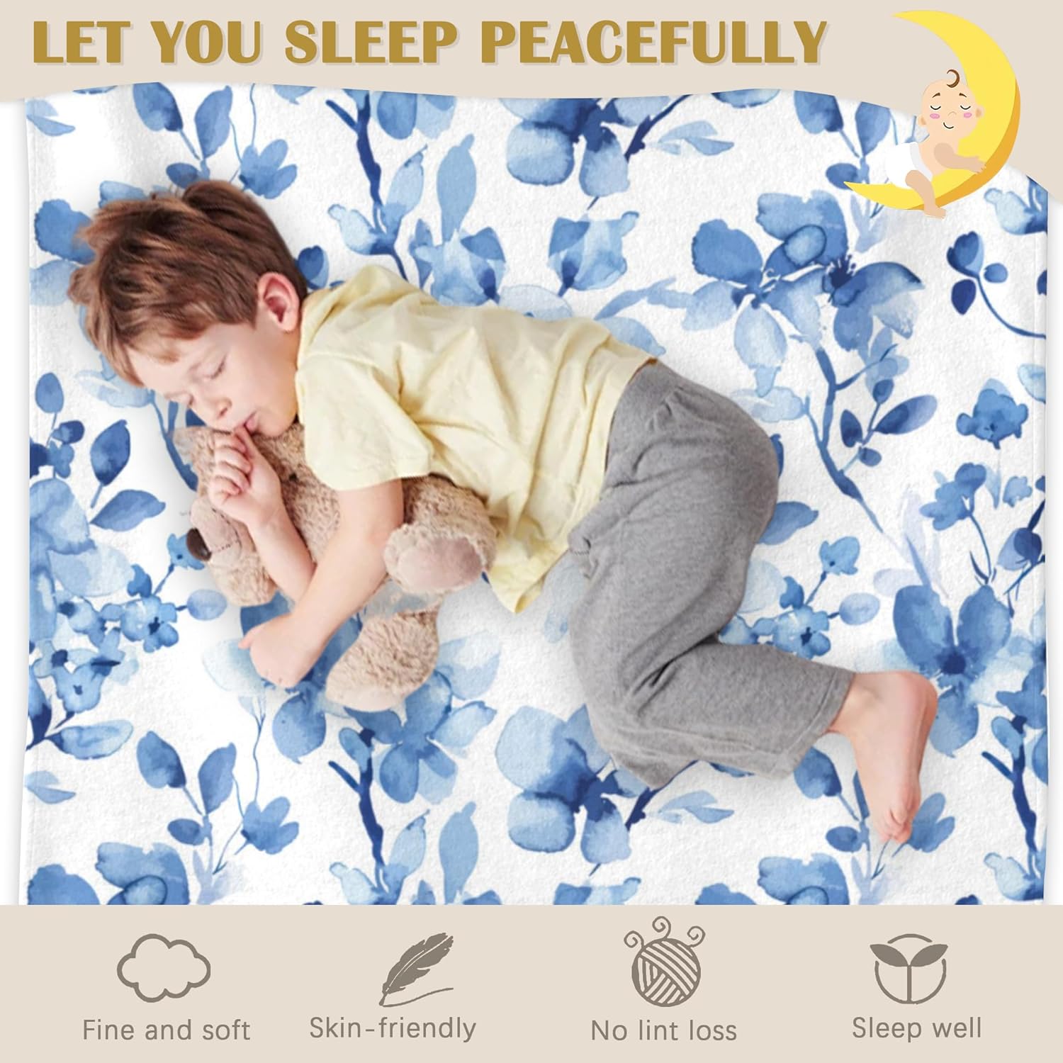 Pastel Floral Blanket, Blue Flower Soft Lightweight Throw Blanket for Sofa Couch Bed Room 50x60 inch