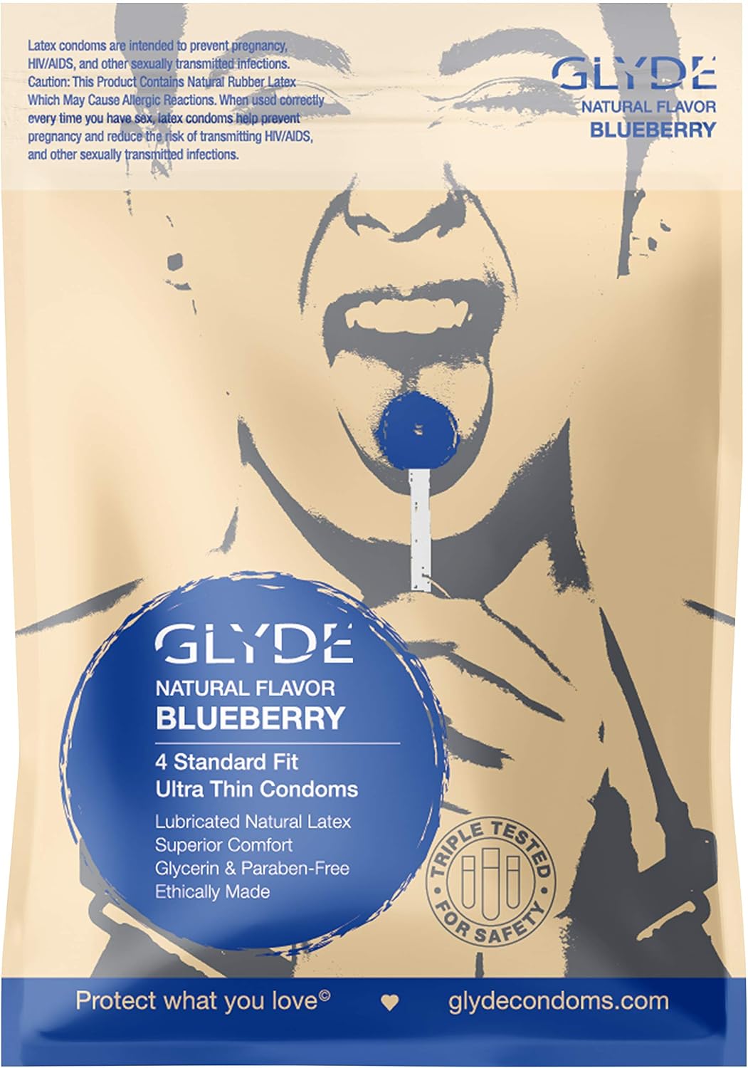 GLYDE Blueberry Flavored Ultra Thin Condoms - 4 Count - Organic Flavor Extract, Ultra-Thin, Vegan, Non-Toxic, Medium Size Natural Rubber Latex, 53mm