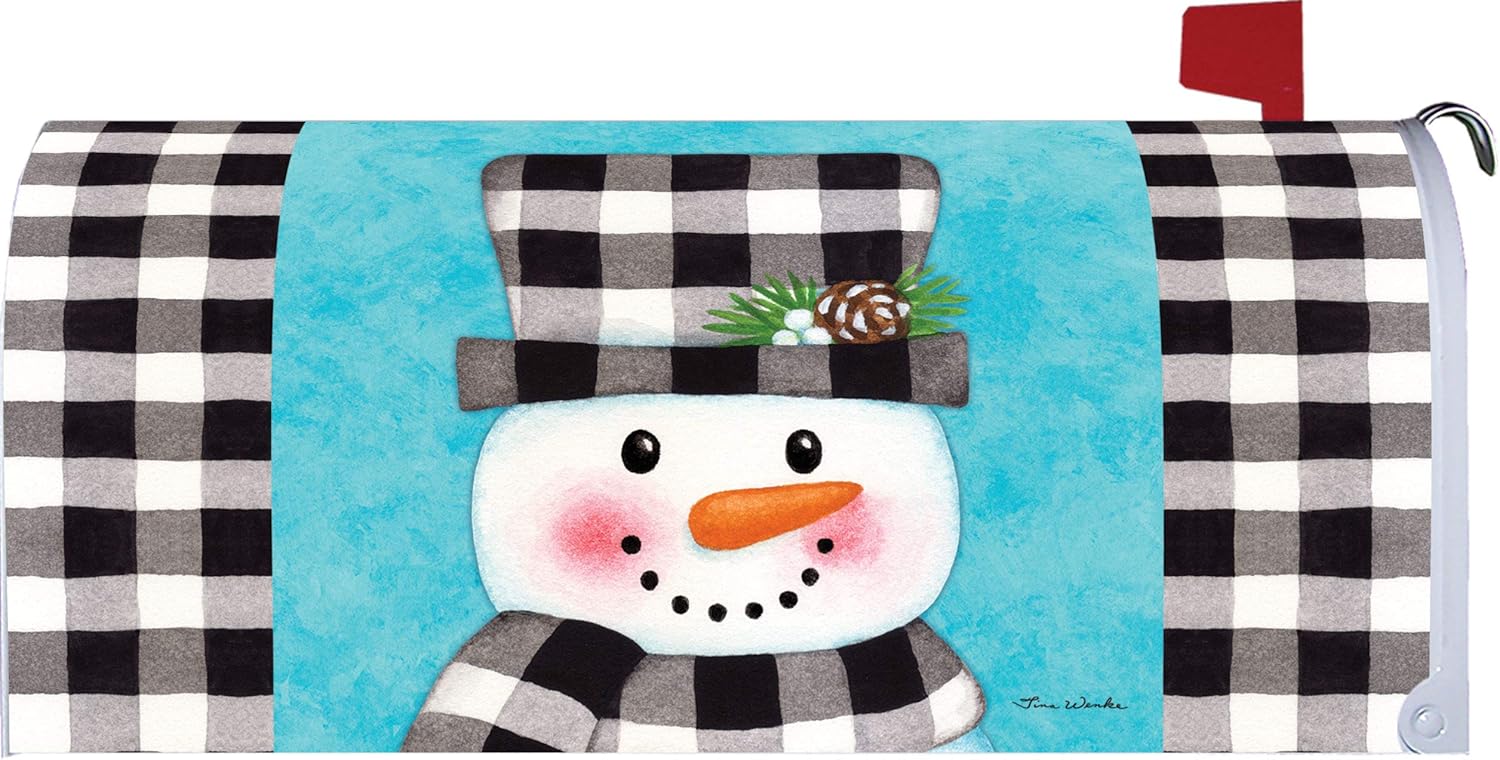 Gingham Snowman Welcome - Mailbox Makeover - Vinyl with Magnetic Strips for Steel Standard Rural Mailbox - Made in The USA - Copyright, Licensed and Trademarked by Custom Decor Inc.