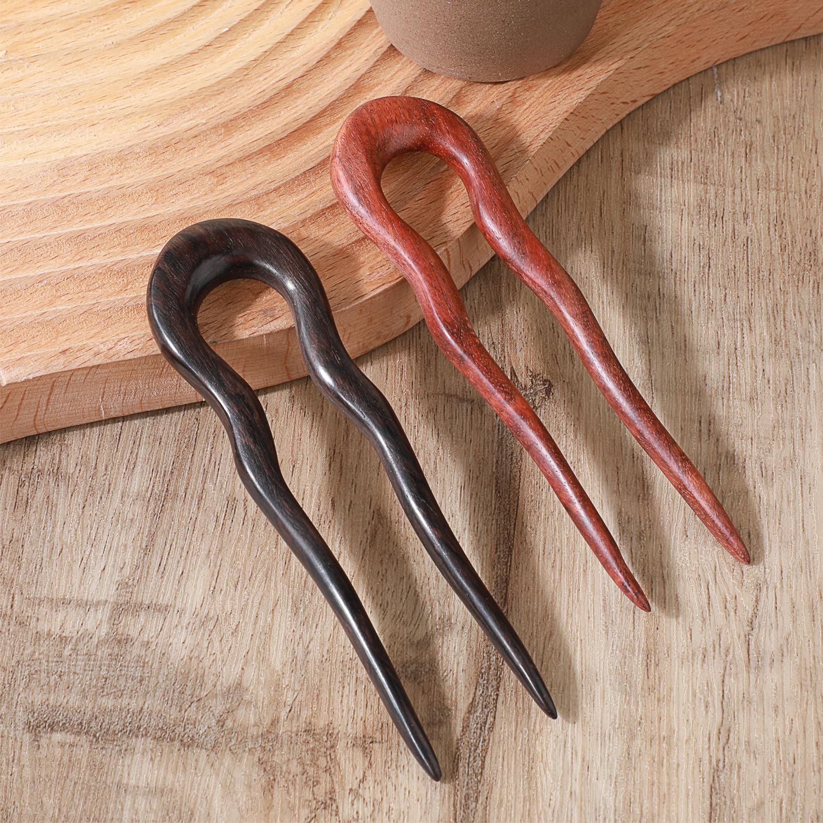 2Pcs Wooden Hair Sticks for Women U Shape Hair Forks for Long Hair Handmade Carved French Hairpin 2-Prong Vintage Wood Hair Pins for Women Girls Chignon Bun Updo Hairstyle Thin Thick Hair - Image 4