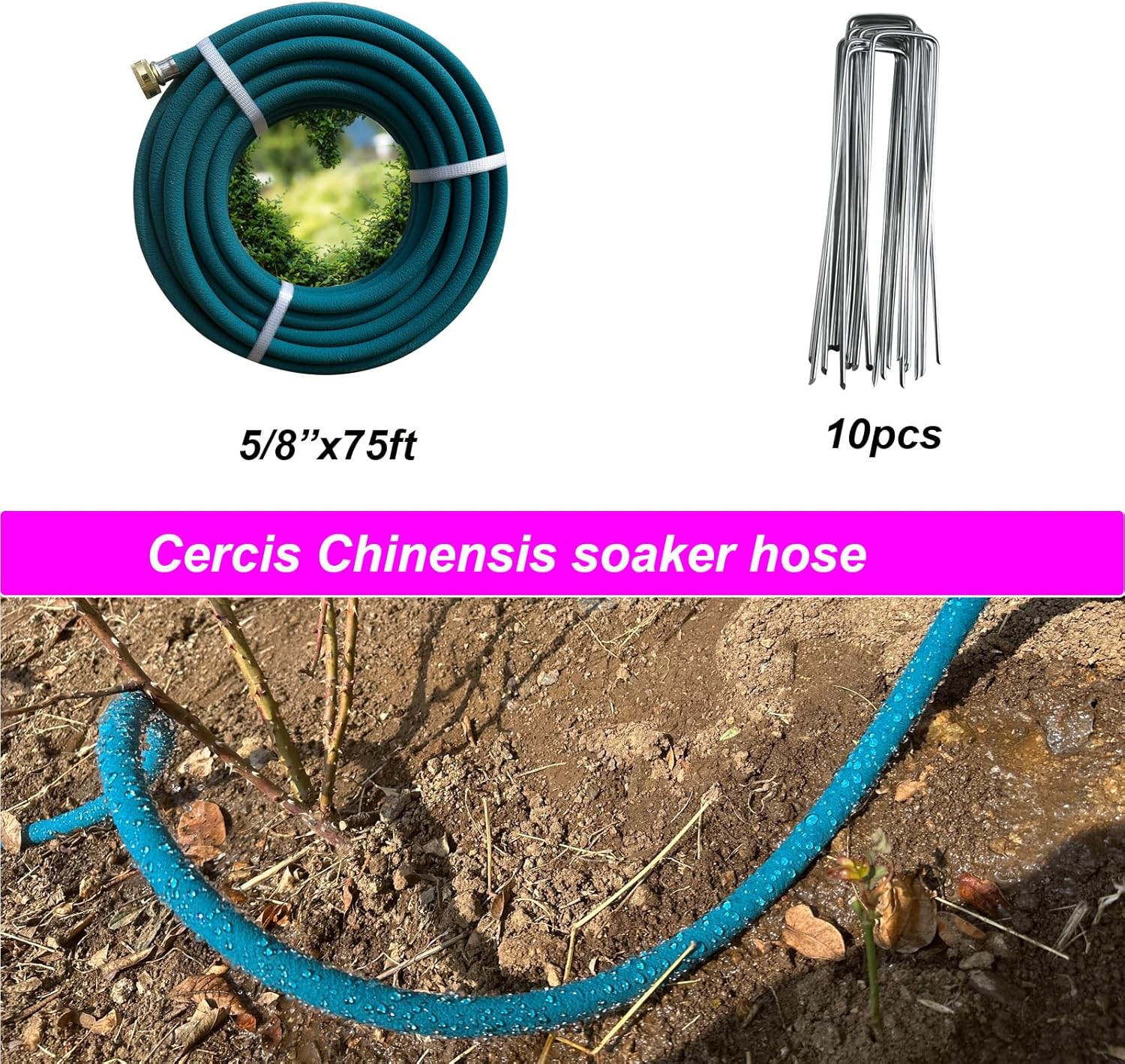 Soaker Hose 5/8inchx 75ft With Aluminium End,Blue Rubber Hose Water Saving up to 70%,Durable Flexible Soaker Hose that irrigation for Patio Lawn,Trees,Vegetables and Flowers.