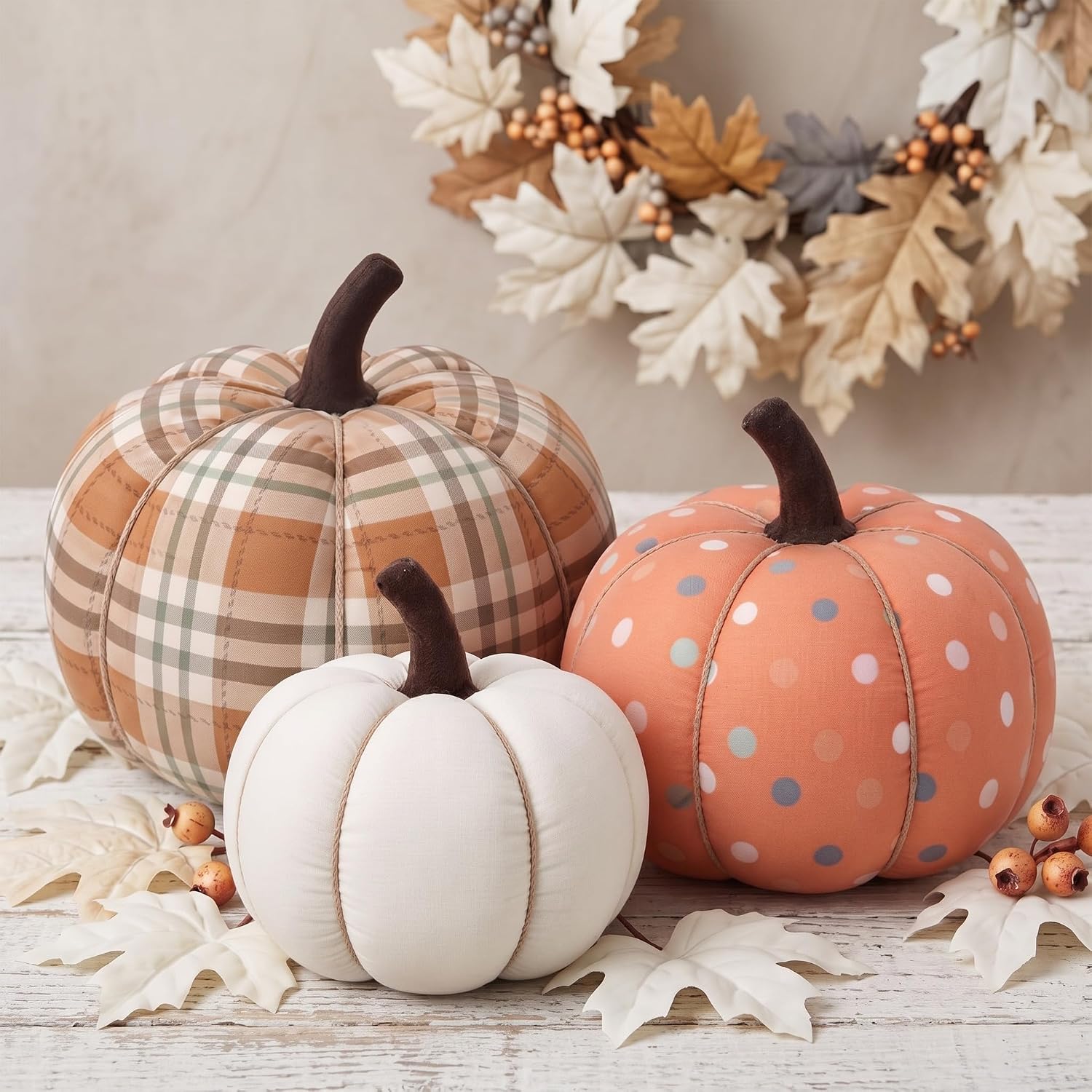 RattanView 3 Pcs Farmhouse Rustic Decorative Fabric Pumpkins Set Includes 7.87 in 6.3 in 4.72 in Orange White for Halloween Thanksgiving Table Mantel Autumn Home Decor(Solid Pattern Mix)