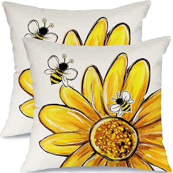 GEEORY Daisy Bee Throw Pillow Covers Set of 2, 18x18 Inch Spring Summer Decor Farmhouse Pillowcases for Couch Sofa Living Room BedroomWhite