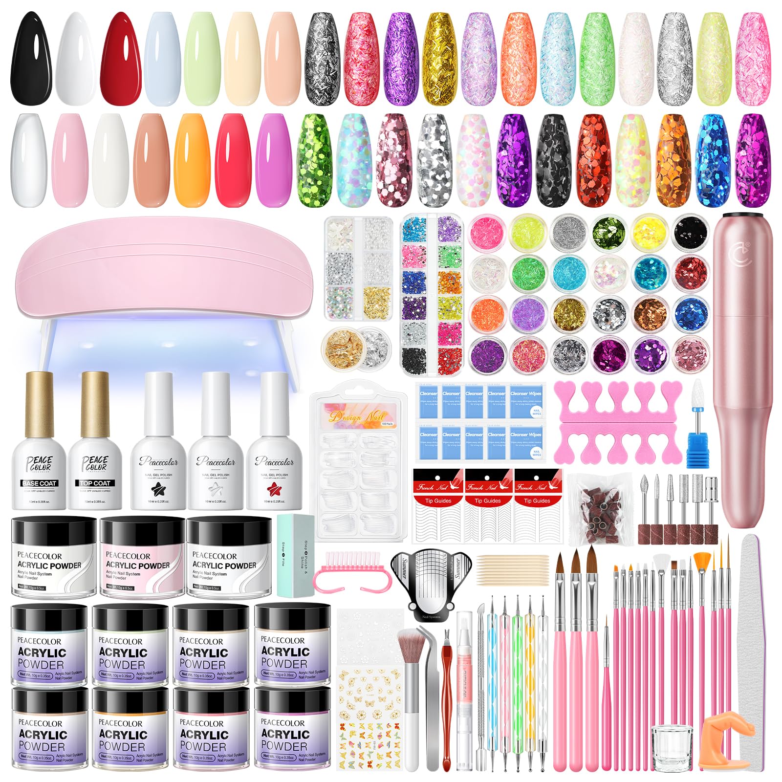 PEACECOLOR Kit Uñas Acrílicas con Taladro, 11 Colores Polvo Acrílico, 3 Colores Esmalte de Uñas Gel y Herramientas Para Decorar Uñas Para Salón Casa Set de Regalo