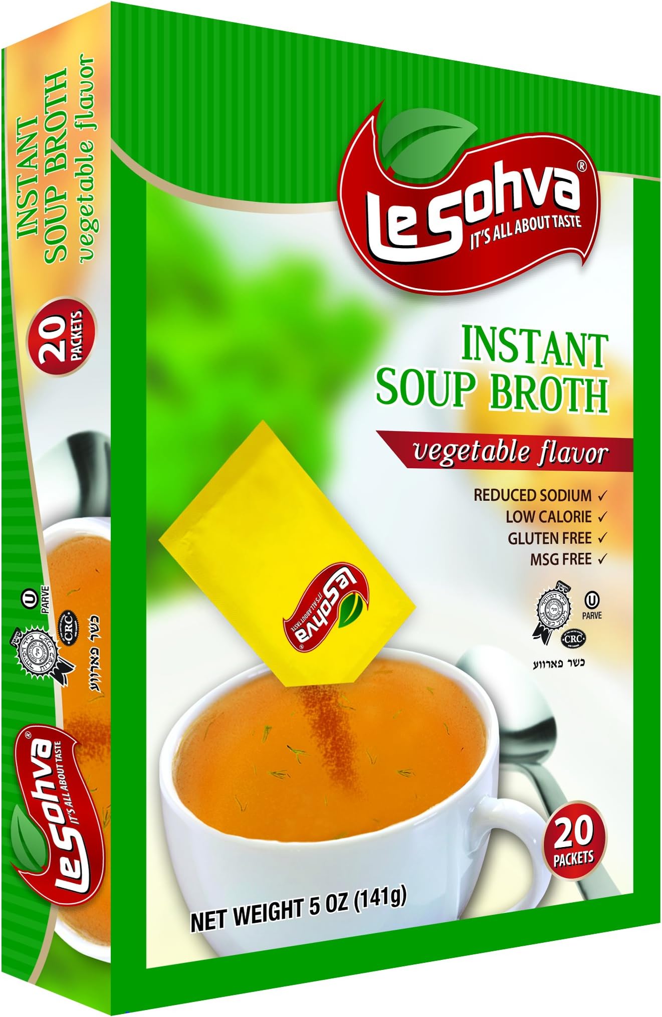 LeSohva Packet Instant Soup Broth Vegetable Flavor, MSG / Gluten Free, 20 Packets / Servings, 5 OZ