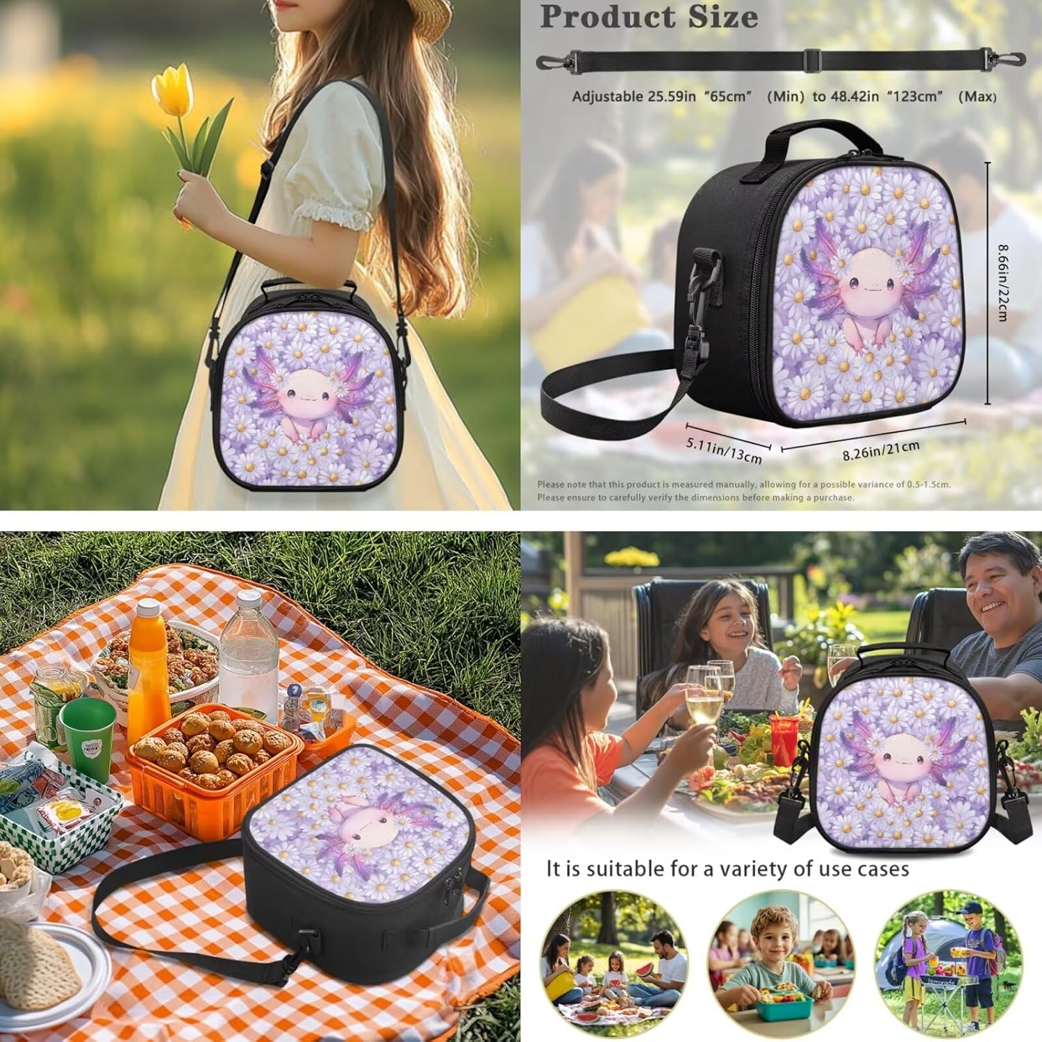 Daisy Axolotl Backpack for Girls Kids Backpack with Lunch Box Water Bottle Sling Bag and Large Pencil Case 4Pcs Set 17" Bookbag with Compartments for School Lightweight Elementary School Bag