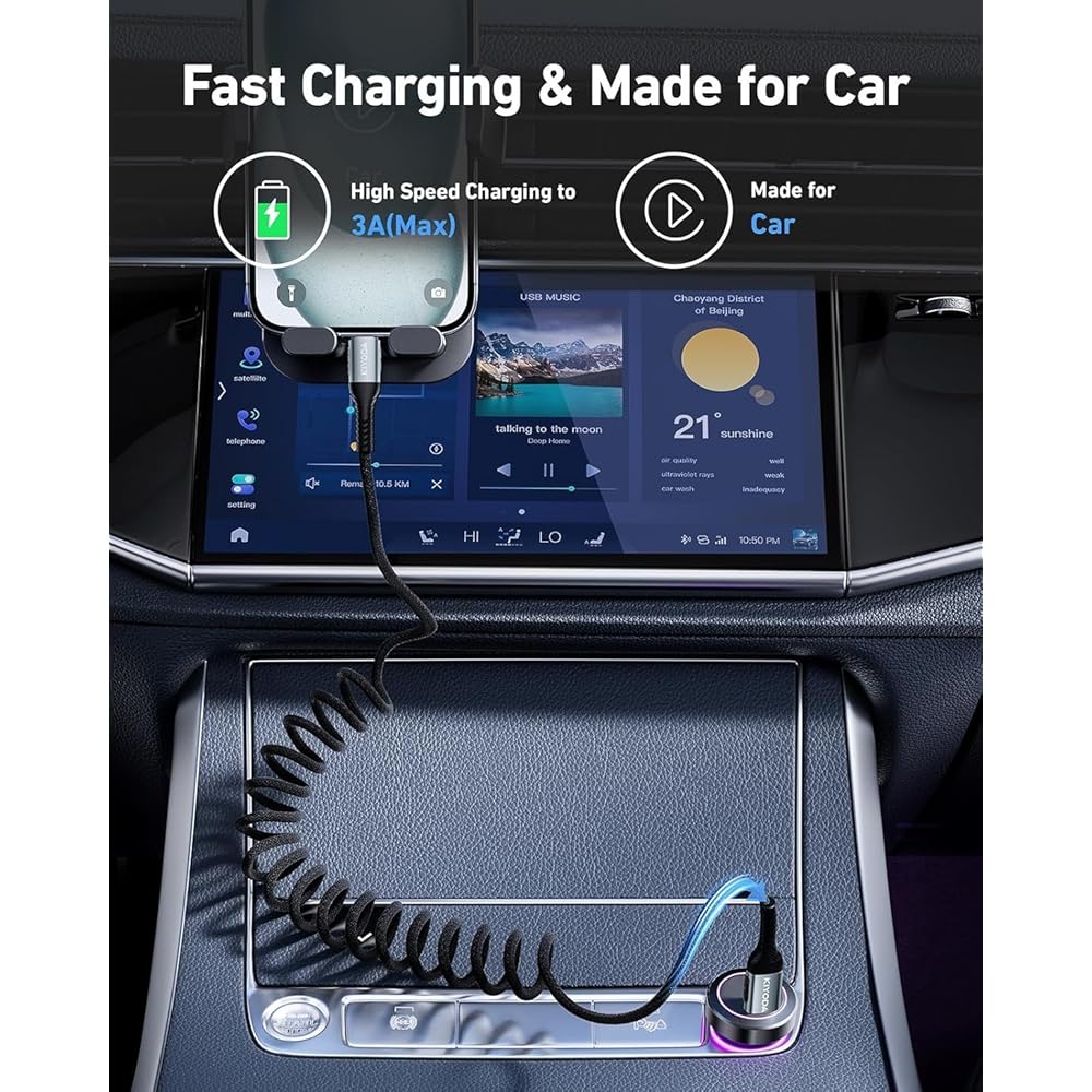 USB C TO 케이블 코일 3FT 2팩 66W 차량용 브레이드 타입 충전기 아이폰 16 15 아이패드 삼성 갤럭시 구글 픽셀 모토  LG TCL 휴대폰과 호환 가능