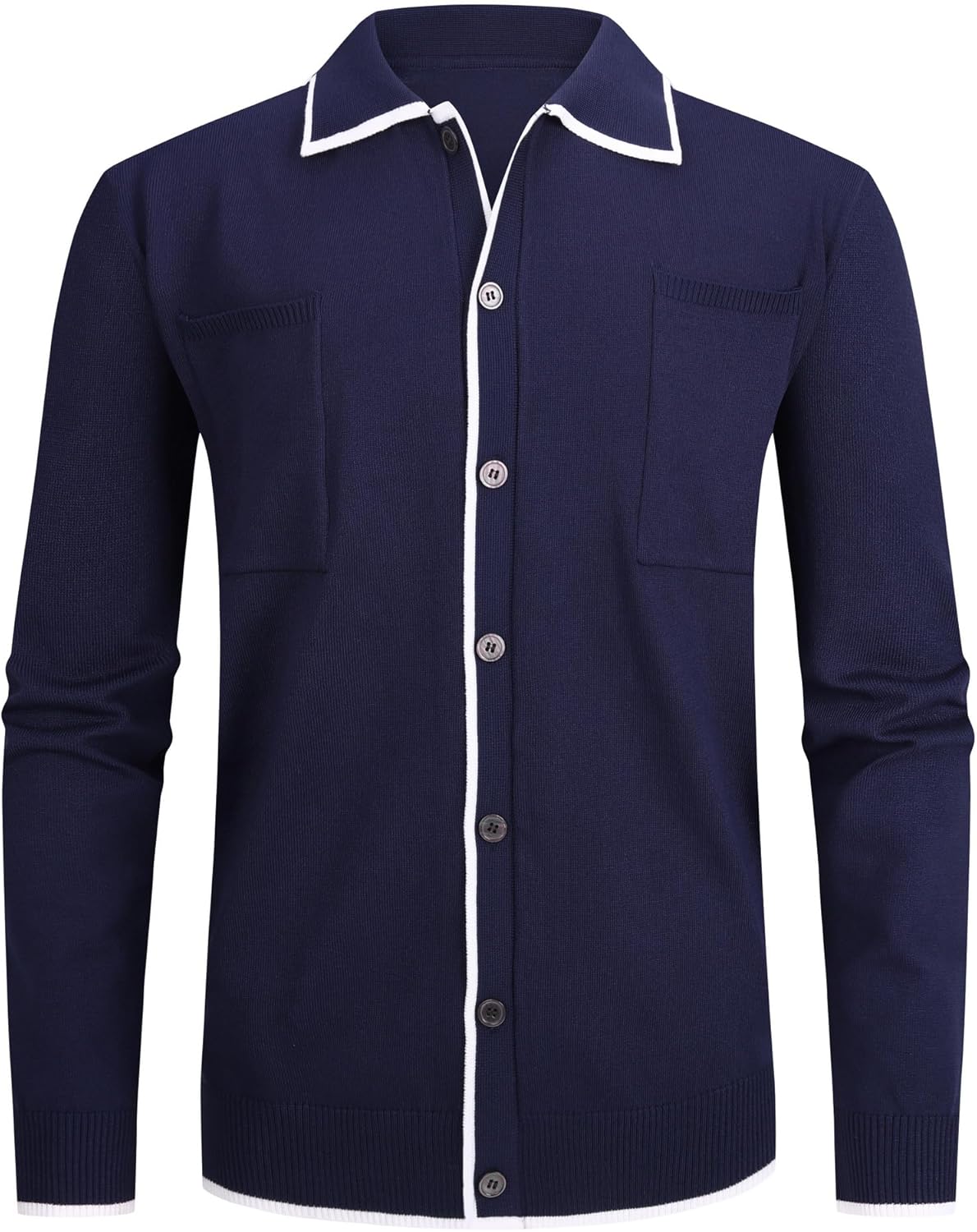 Alex Vando Mens Retro Cardigan Shirts Long Sleeve Two Pockets Knit Casual Button Down Shirts for Men - Image 3