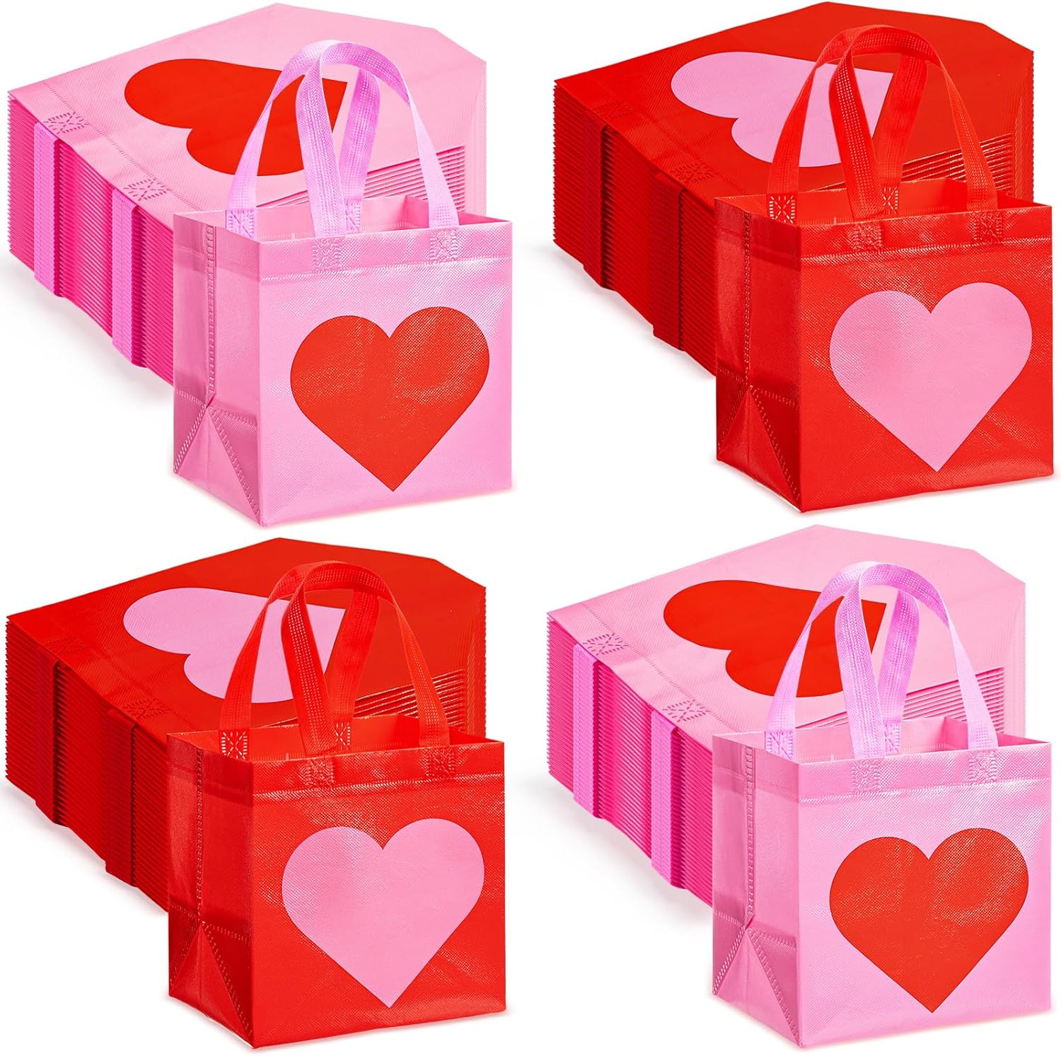 Kacctyen 60 Pcs Heart Gift Bags Bulk Valentines Day Non-woven Reusable Tote with Handles Galentine Goody Treat Shopping Bags for Birthday Wedding Party Favor, 10 x 8 x 4 Inch(Pink and Red)