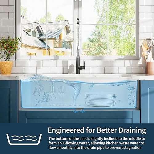 Miniatura 6 de HausinLuck Fregadero de arcilla refractaria de 33 pulgadas, fregadero de cocina de granja con delantal doble 5050, fregadero de cocina reversible de