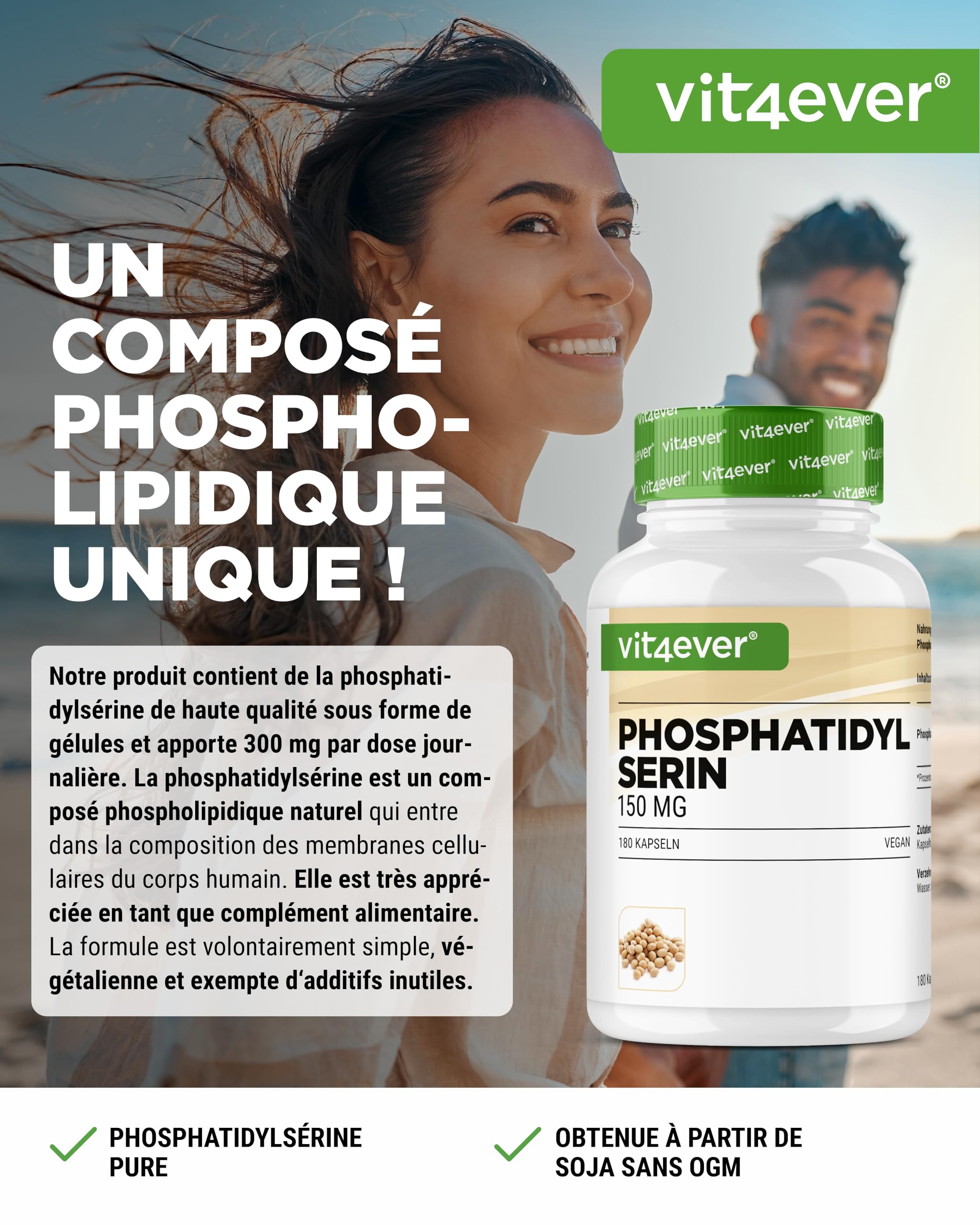 vit4ever Phosphatidylsérine Gélules - 300 mg par Dose Journalière - 180 Gélules - Hautement Dosé - Phospholipide PS - Vegan - Sans Additifs Inutiles