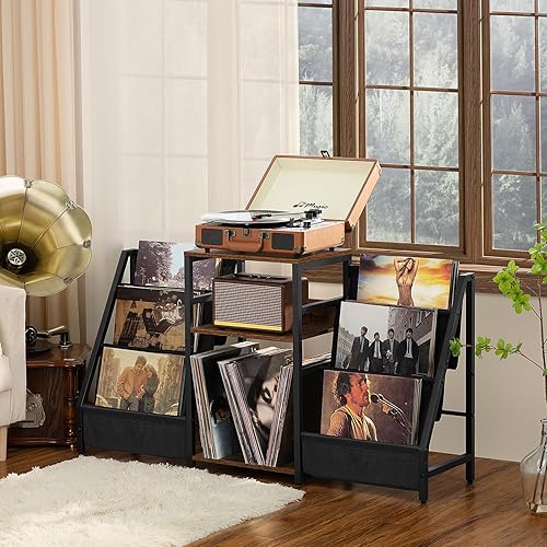 Miniatura 4 de LELELINKY Soporte para tocadiscos con almacenamiento de vinilo, soporte para tocadiscos de 3 niveles con estante de exhibición de almacenamiento de