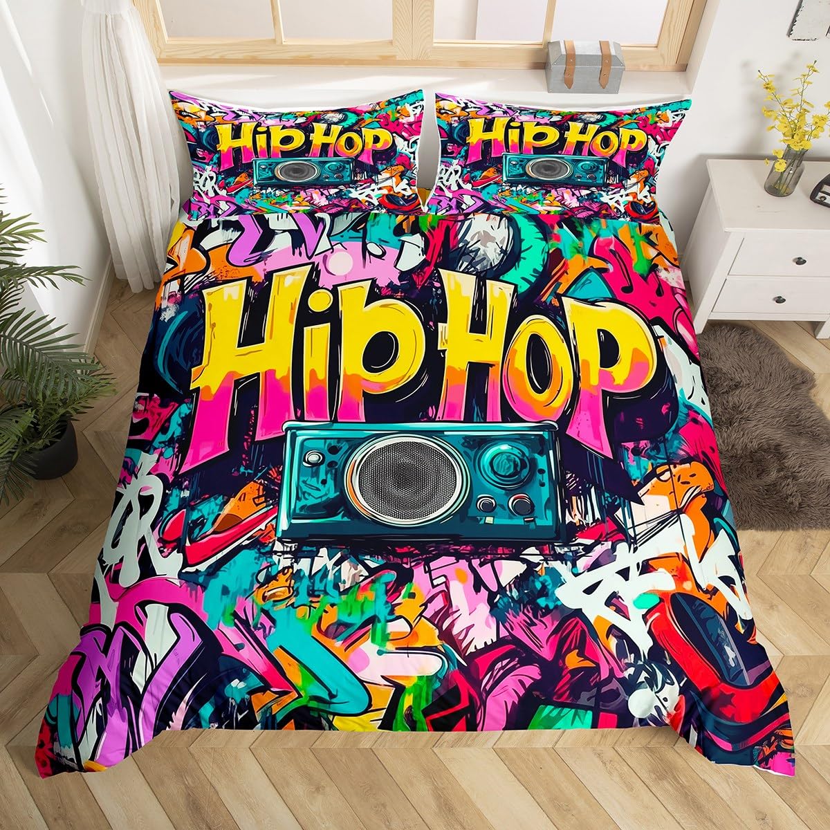Set di biancheria da letto con copripiumino super king, motivo graffiti, per ragazzi e ragazze adolescenti, set di biancheria da letto a tema musica rock hippie, set di copripiumini hip hop colorato