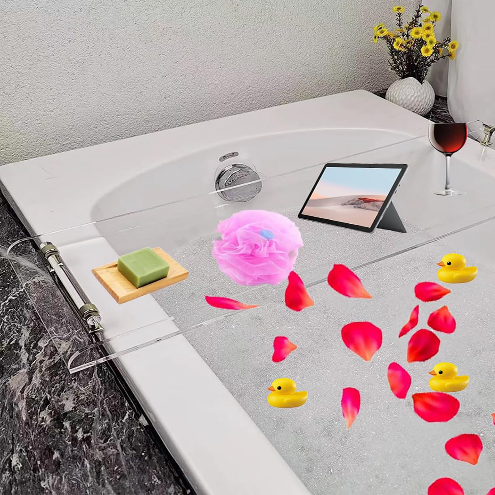 Luksusowa akrylowa taca na wannę z uchwytem - idealny prezent pod prysznic dla kobiet pasuje do większości wanien elegancki srebrny design dla relaksu i doświadczenia spa