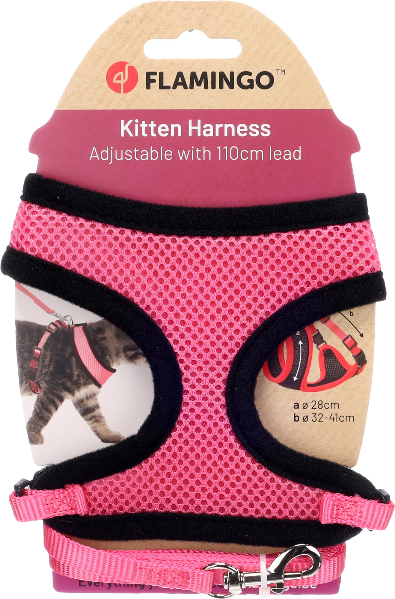 Harnais pour Chat - Harnais Harms Rose pour Chaton avec Laisse - Mesh Respirant Doux - réglable avec Fermeture clic et Mousqueton - 28cm / 32-41cm / 110cm