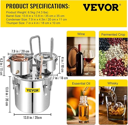 Miniatura 7 de VEVOR Alcohol Still 8 galones/30L, Destilador de alcohol con barril Thumper, kit de destilería para alcohol con tubo de cobre y termómetro integrado