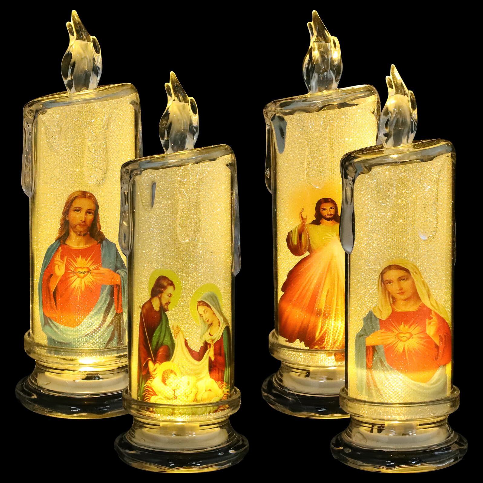 HEALEEP 4pcs LED Candle Lights Decor with Base, Plastic Flameless Holy Night Lights, Not Easy to Break Or Deform, Providing Spiritual Experience for Church Mass Ceremonies and Religious