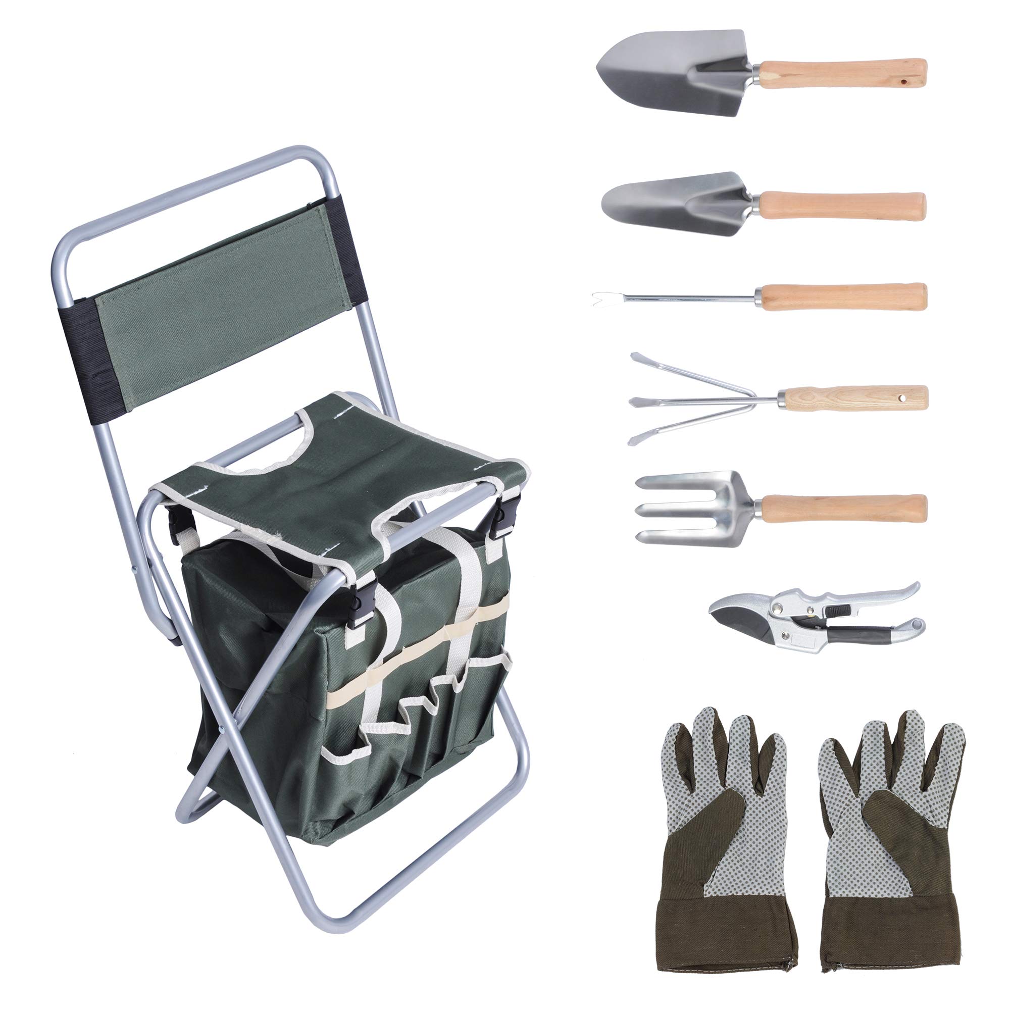 Garden Tools Set 9 Pieces, w/Folding Chair, Stainless Steel Heavy Duty Hand Tool w/Organizer Tote Bag, Wooden Handle & Gloves, Gardening Gifts for Men Women Kids