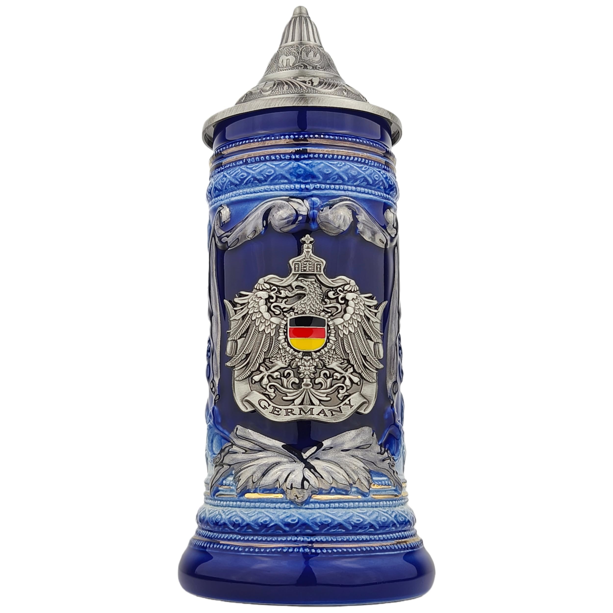 Bierkrug mit Deckel 0,7L – Klassischer Steinkrug mit Spitzdeckel & Metallmontur – Deutschland Motiv – Geschenkidee für Männer, Vater & Bierliebhaber (Blau)