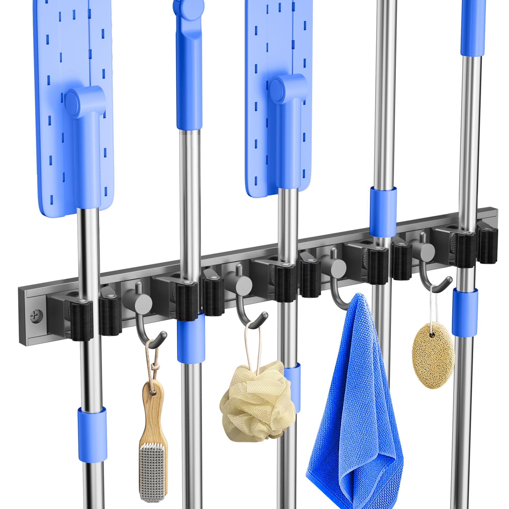 romiseMop Broom Holder Wall mounted, Adjustable Heavy Duty Broom Gripper, Brush Tool Holder With 5 Broom Clips and 4 Hooks, Perfect Storage Solutions for Utility Room, Launry Room, Garage and Garden