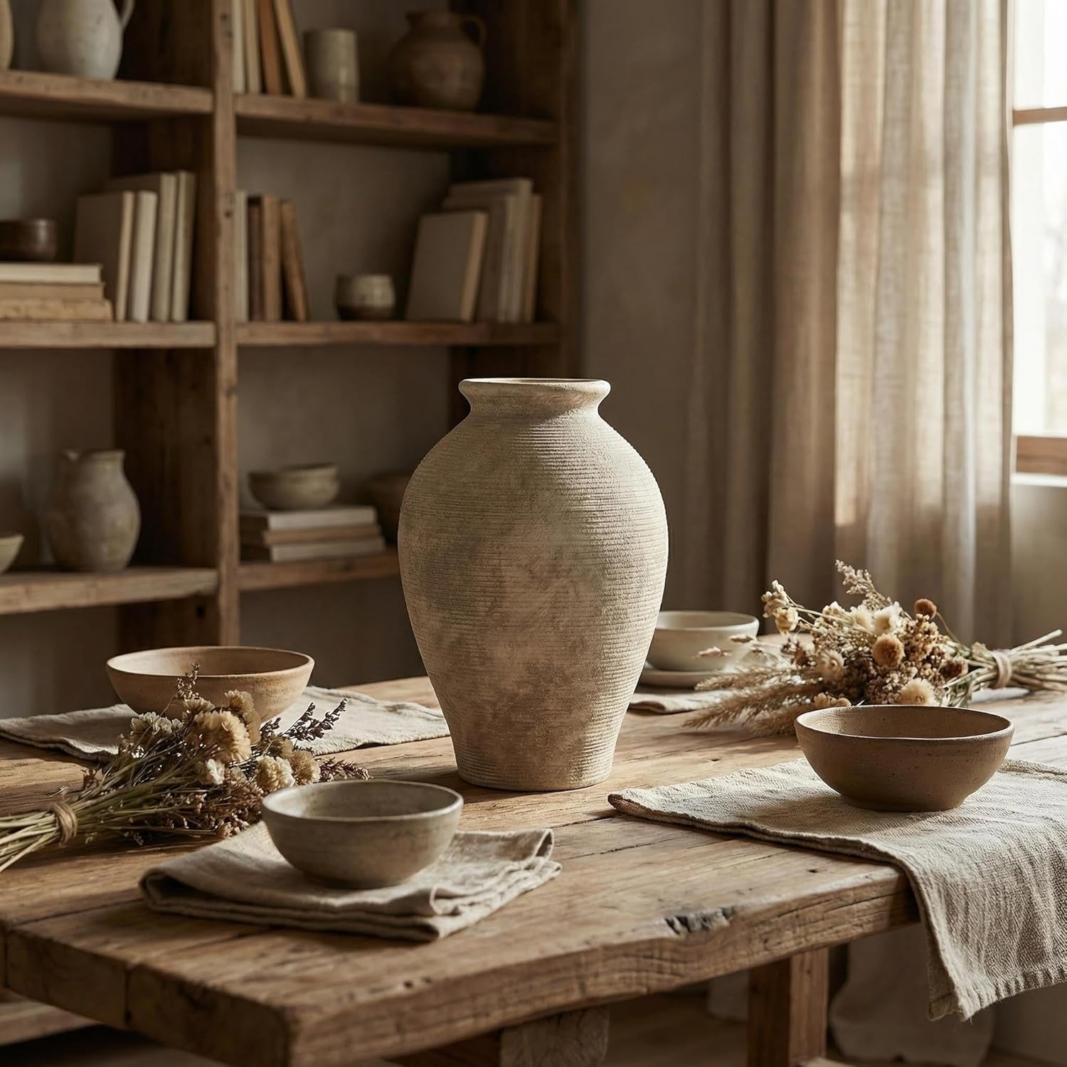 Large 9 Inch Ceramic Vase, Farmhouse Rustic Table Centerpiece, Vintage Floor Vase for Dried Flowers, Home Decor for Living Room, Mantel, Bookshelf & Office