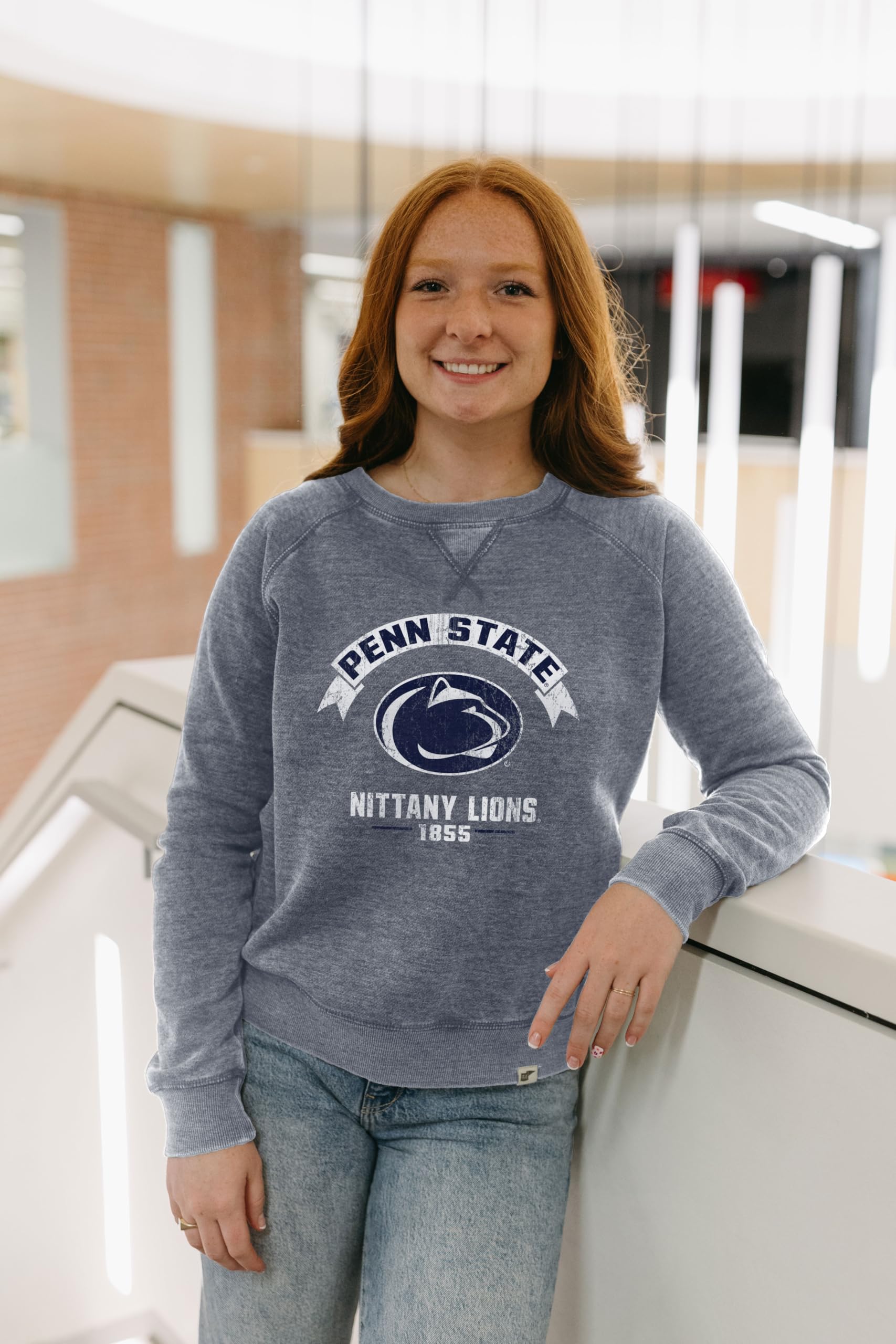 Blue 84 Women's Standard NCAA Officially Licensed Crewneck Sweatshirt Burnout Vintage Scholar, Team Color